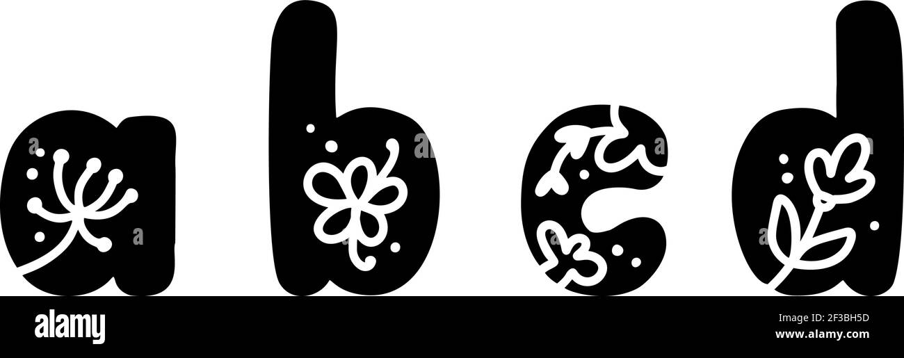 Vintage floral Bold Letters a b c d Logo Frühling. Klassische Sommer-Buchstaben-Design Vektoren mit schwarzer Farbe und Floral handgezeichnet mit Monoline Muster Stock Vektor