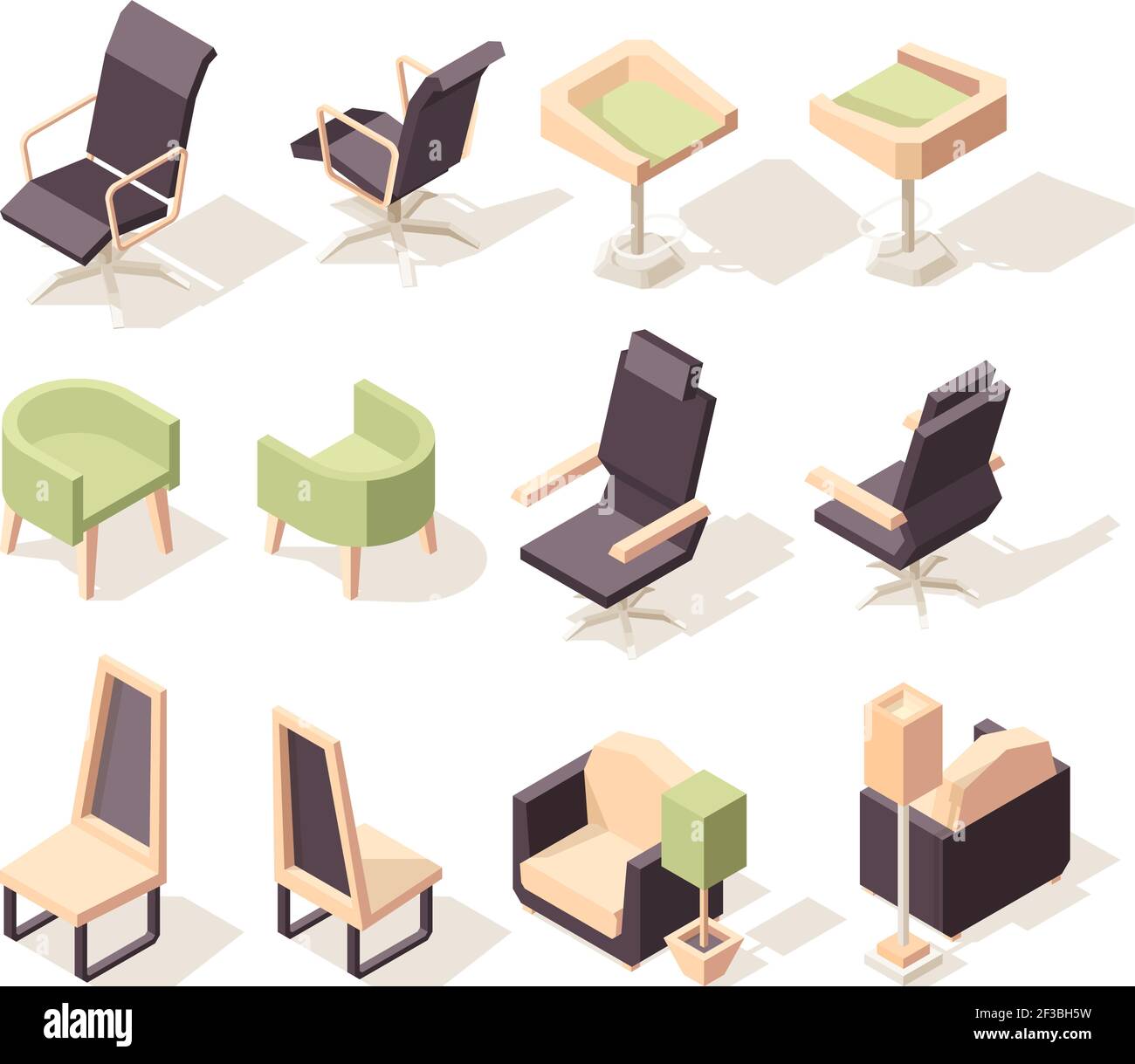 Bürostühle. Moderne Möbel Stühle und Sessel Vektor low poly isometrische 3D Bilder Stock Vektor