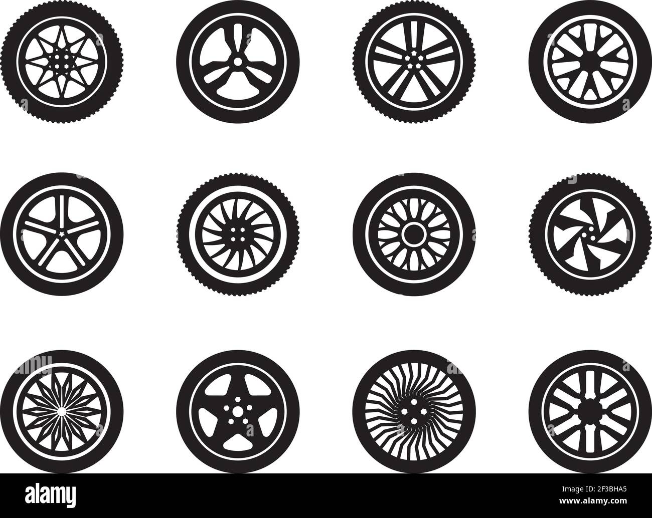 Räder Auto. Reifen Formen Transport Räder Silhouetten Vektor Fahrzeug Symbole Sammlung Stock Vektor