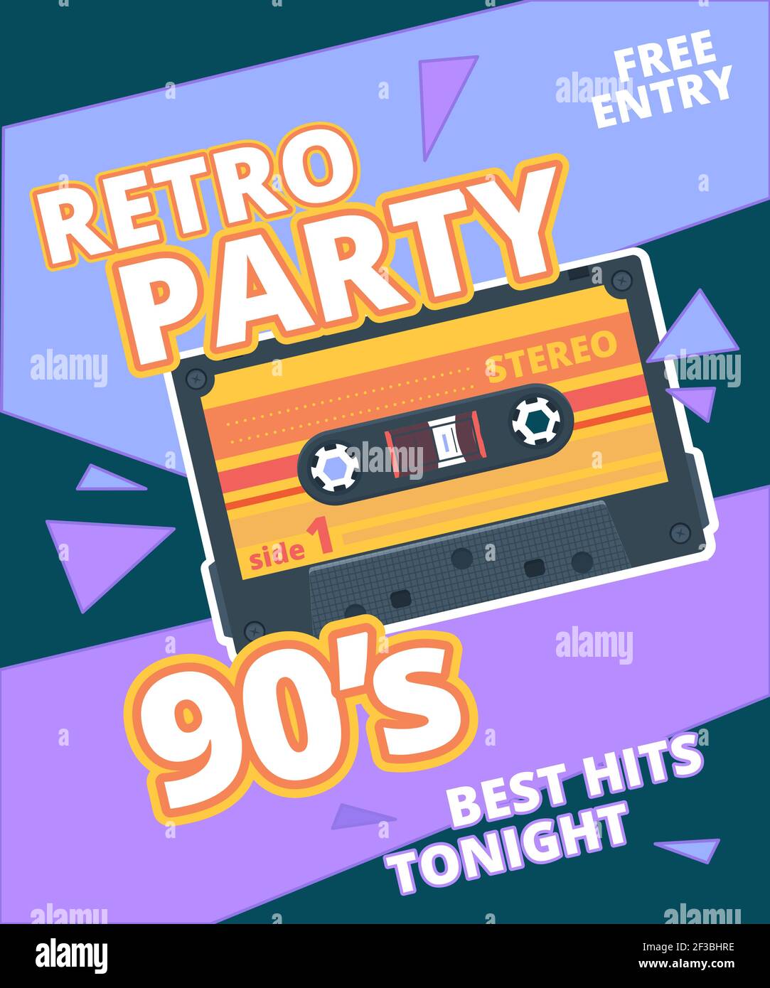 Party-Poster im Retro-Stil. 90s Label mit Stereo-Audio-Kassette Musik Hintergrund Vektor-Plakat Stock Vektor