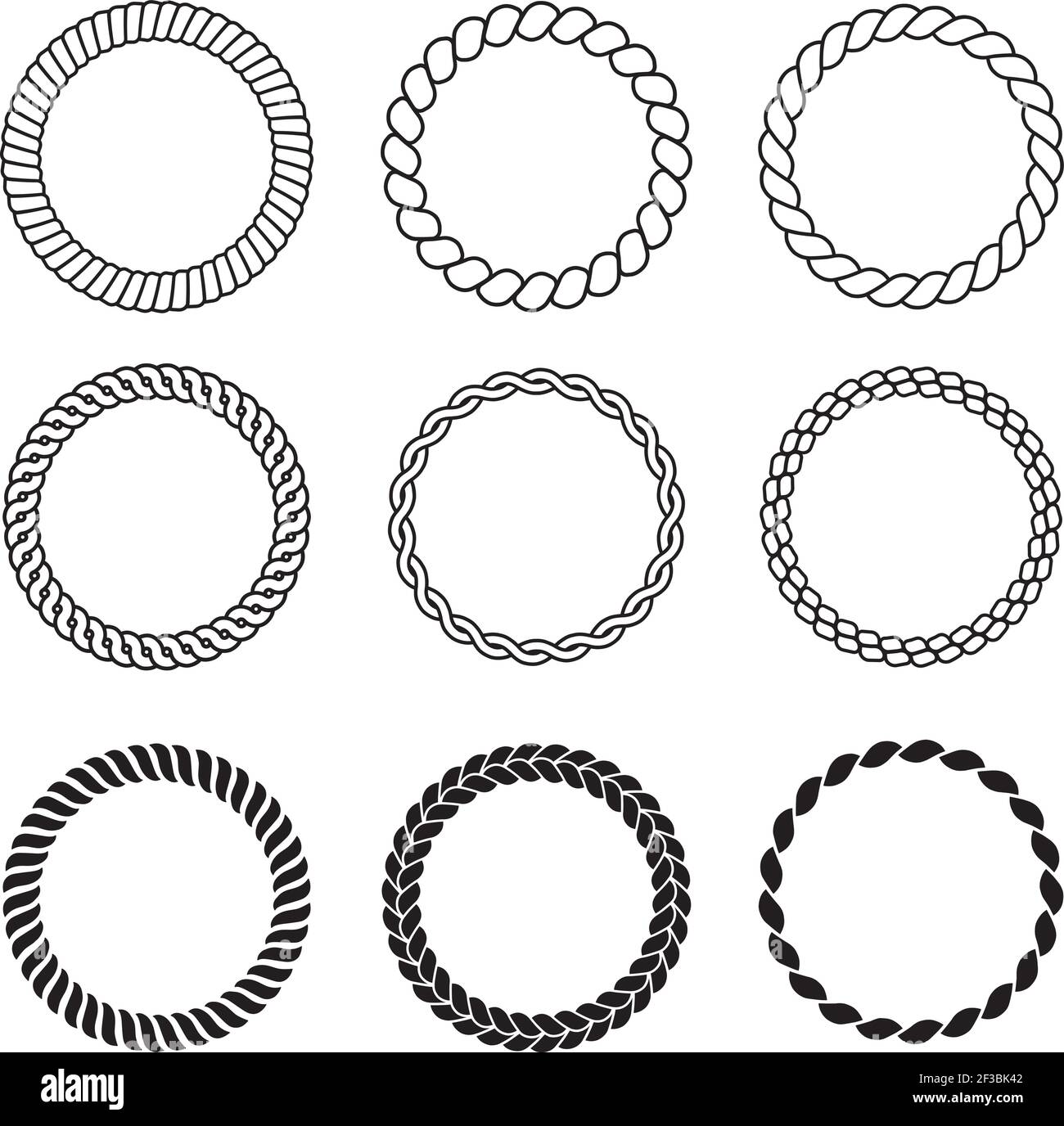 Runde Seilrahmen. Kabel Kreis Formen Stärke dekorative Vintage Seile Vektor-Kollektion Stock Vektor