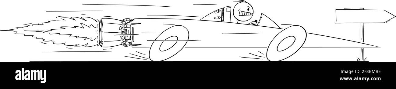 Mann oder Geschäftsmann fahren Superfast Rocket Car, Vektor Cartoon Stick Abbildung Stock Vektor