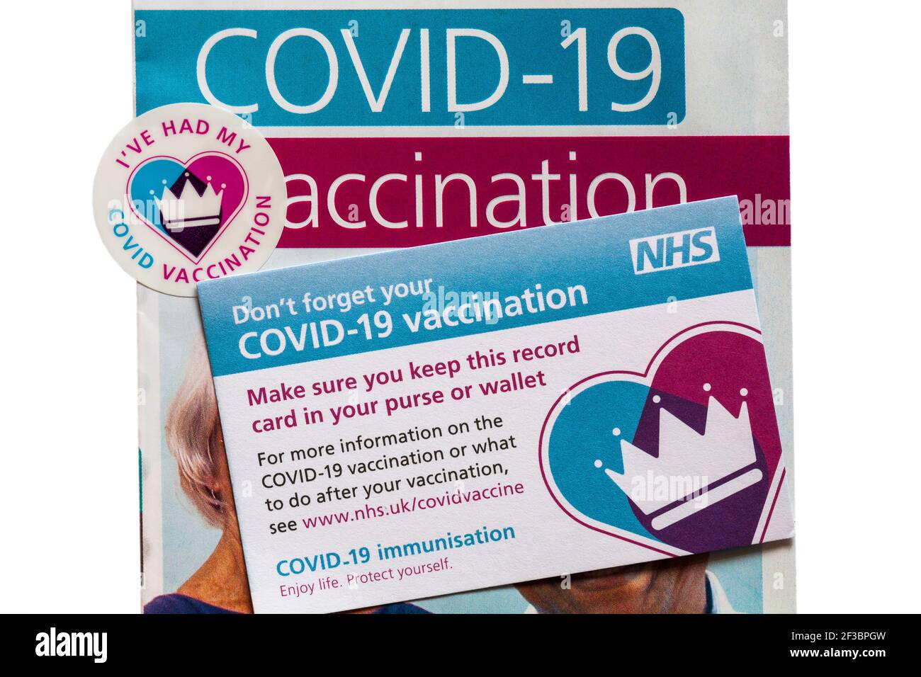 Covid-19 Impfinformationsblatt von NHS mit ich hatte meine Covid Impfpass & Impfpass Stockfoto