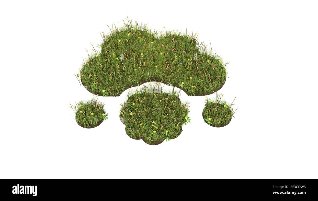 3D gerendertes Grasfeld mit bunten Blumen in Form von Symbol der Wolke fallenden Fleischbällchen mit Boden isoliert auf weiß Hintergrund Stockfoto