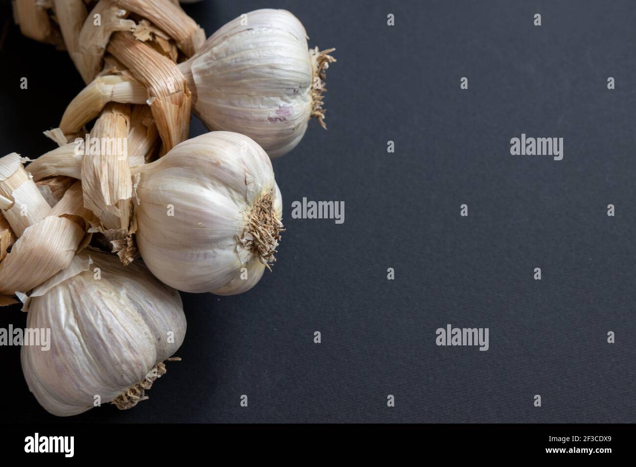 Geflochtener Knoblauch oder Knoblauchbündel. Geerntetes Gemüse auf schwarzem Hintergrund Stockfoto