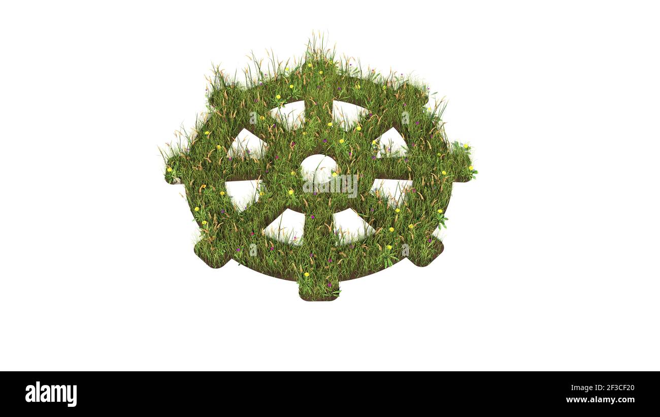 3D gerendertes Grasfeld mit bunten Blumen in Form von Symbol des Ruders mit Erde isoliert auf weißem Hintergrund Stockfoto