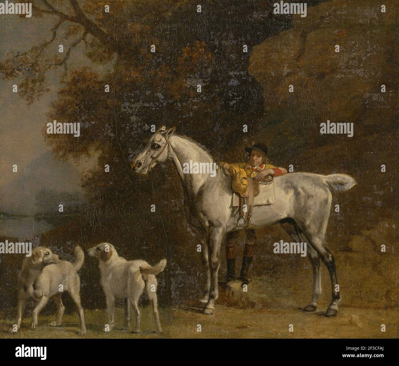 Studien für oder nach "The Third Duke of Richmond with the Charleton Hunt";Studien für oder nach "The 3rd Duke of Richmond with the Charleton Hunt";Huntsman with a Grey Hunter and Two Foxhounds: Details aus dem Goodwood 'Jagd' Bild;Studie des Jagdknechts, der den Umfang des gesattelten grauen Pferdes rechts einstellt, Ende 1750s. Stockfoto