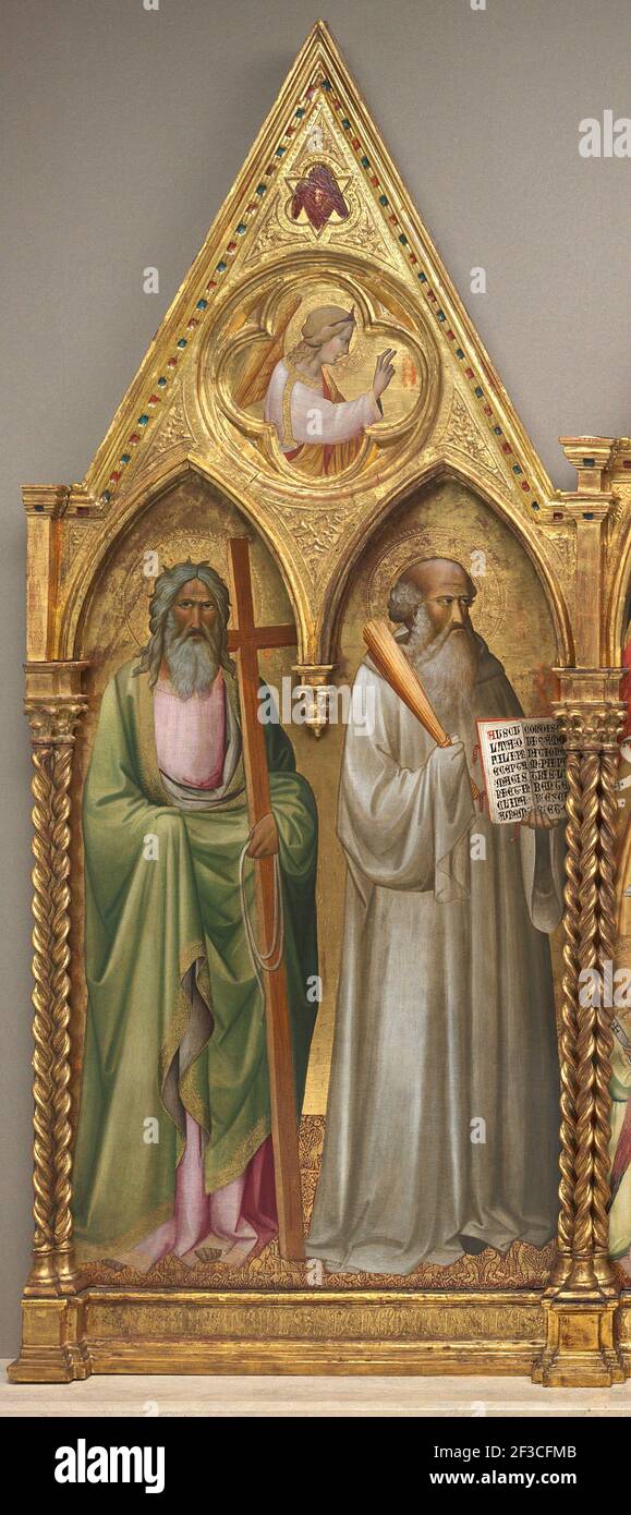 Der heilige Andreas und der heilige Benedikt mit dem Erzengel Gabriel [linkes Bild], kurz vor 1387. Stockfoto