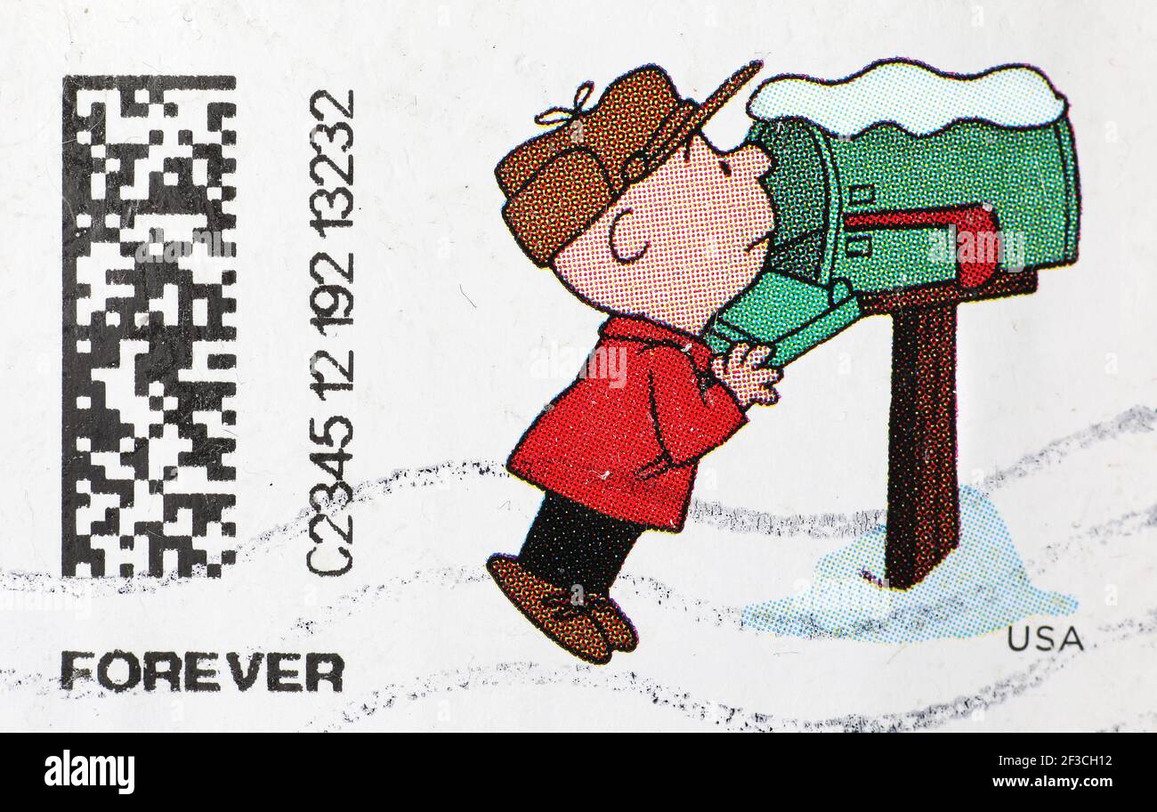 Charlie Brown auf Briefmarke in seinem Briefkasten Stockfoto