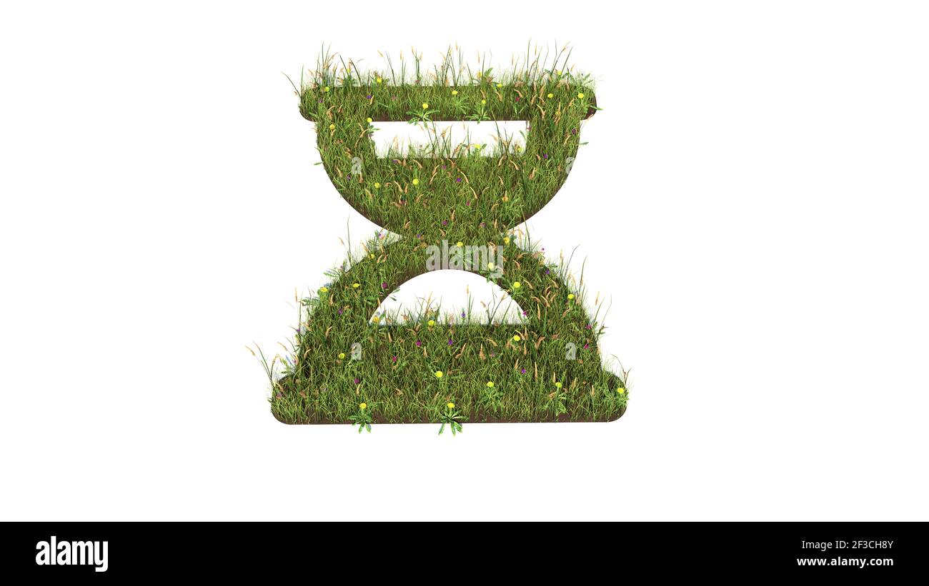 3D gerendertes Grasfeld mit bunten Blumen in Form von Symbol der Sanduhr in Halbphase mit isoliertem Boden Weißer Hintergrund Stockfoto