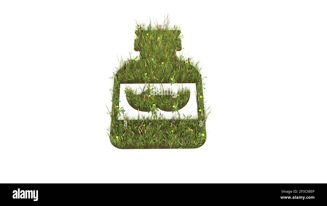 3D gerendertes Grasfeld mit bunten Blumen in Form von Symbol für nach der Rasur Wasser mit Schnurrbart mit Boden isoliert Auf weißem Hintergrund Stockfoto