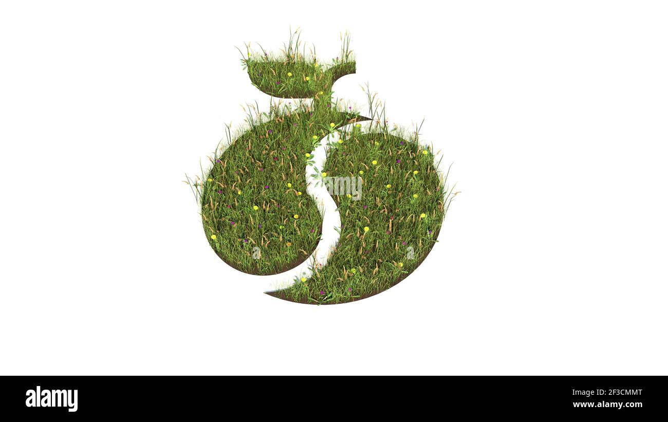3D gerendertes Grasfeld mit bunten Blumen in Form von Symbol der Biotechnologie Apfel Yin Yang mit Boden isoliert auf Weißer Hintergrund Stockfoto