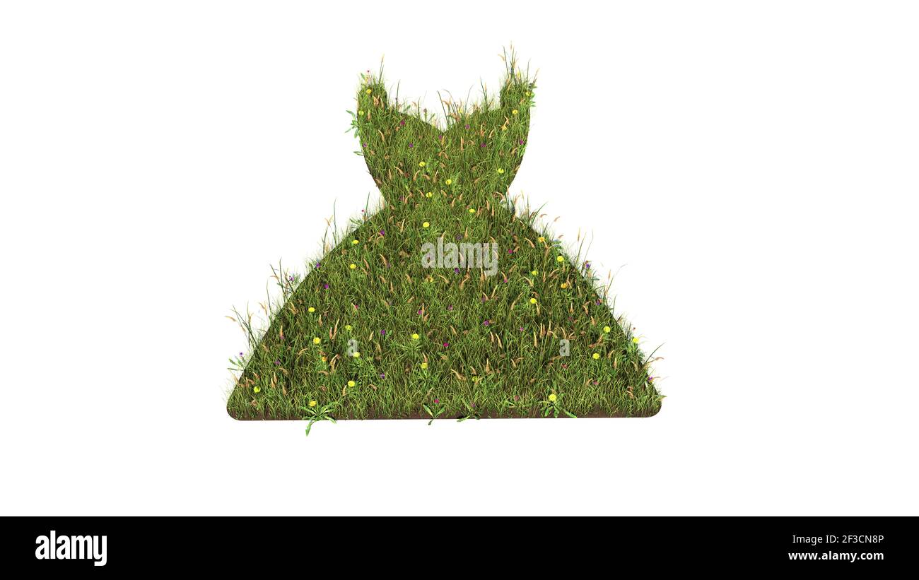 3D gerendertes Grasfeld mit bunten Blumen in Form von Symbol des Kleides für Braut mit Boden isoliert auf weiß Hintergrund Stockfoto