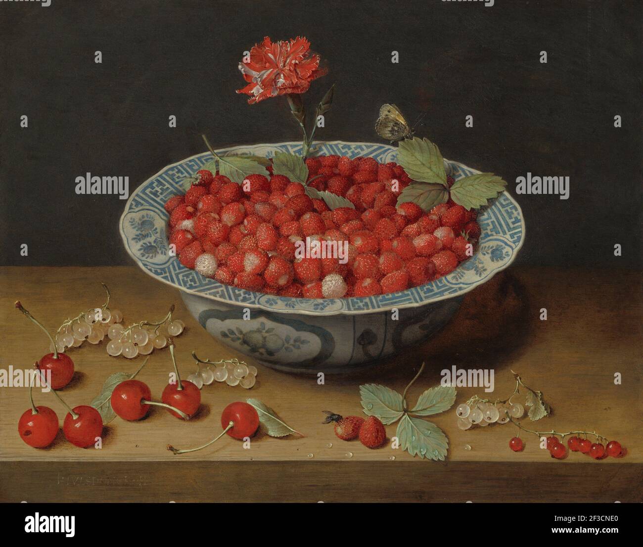 Wilde Erdbeeren und eine Nelke in einer Wan-Li Schüssel, c. 1620. Stockfoto