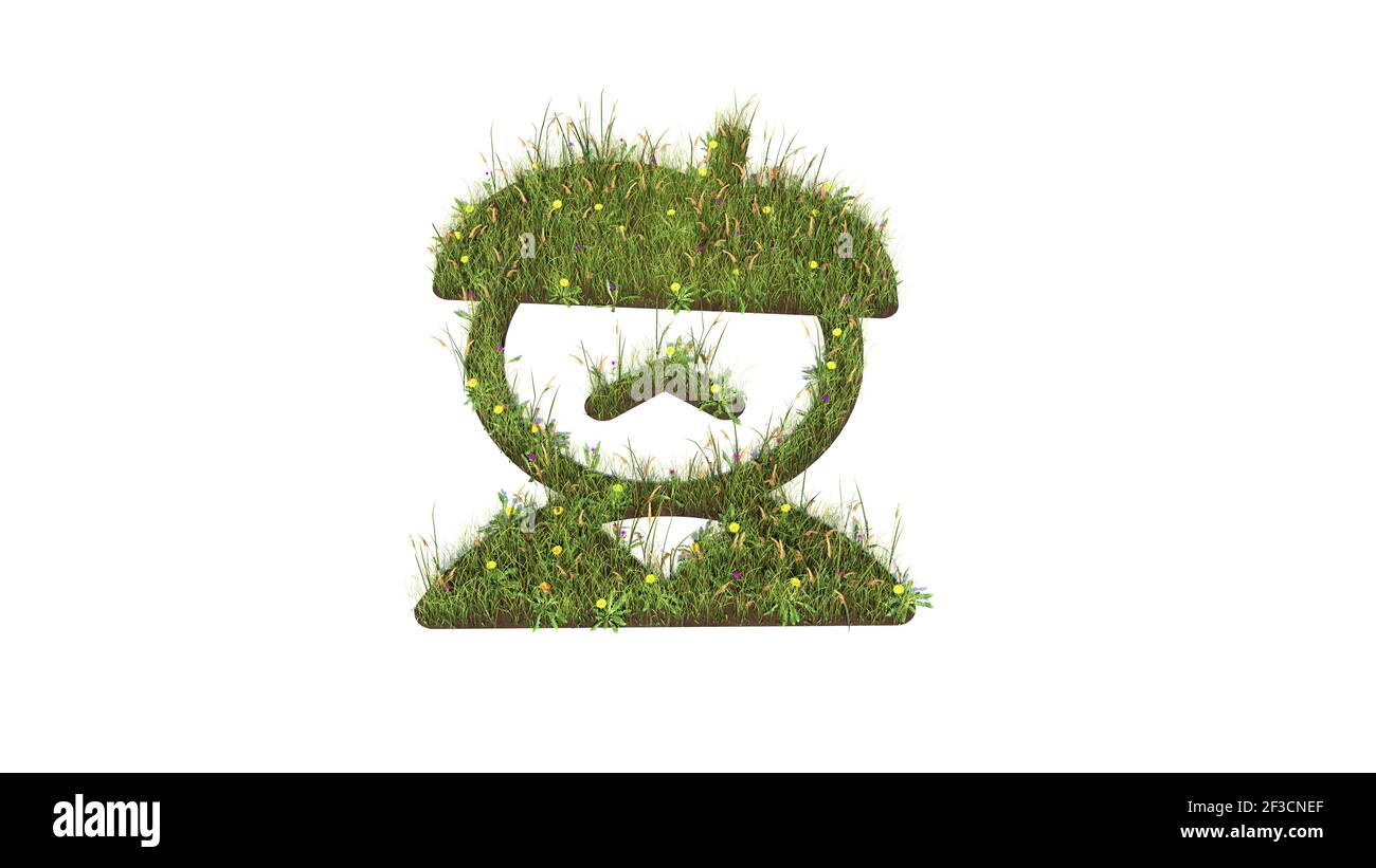 3D gerendertes Grasfeld mit bunten Blumen in Form von Symbol des französischen Mannes mit Erde isoliert auf weißem Hintergrund Stockfoto