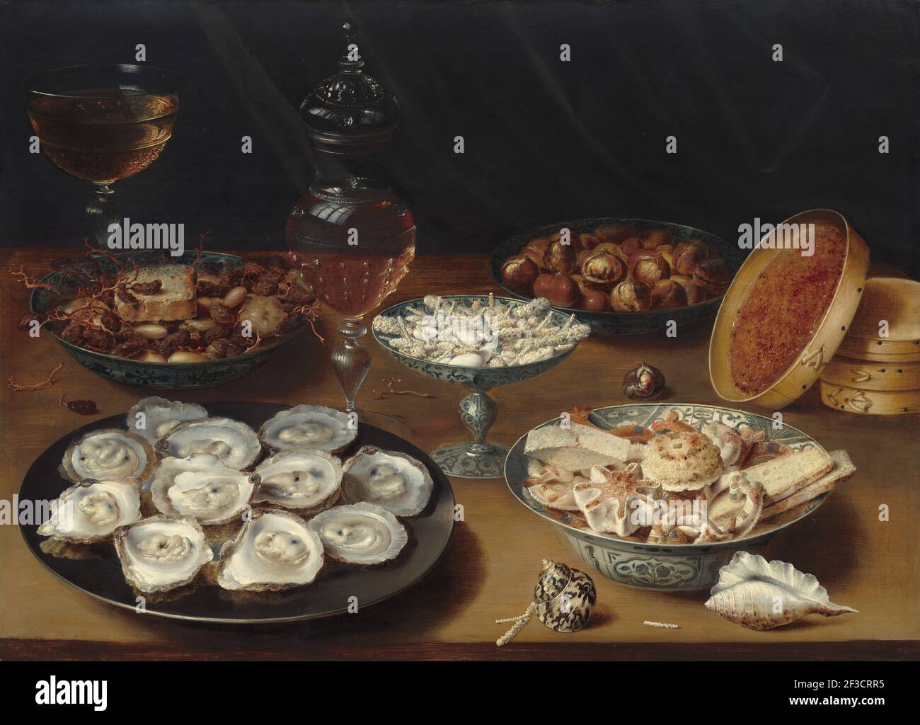Gerichte mit Austern, Obst und Wein, c. 1620/1625. Stockfoto