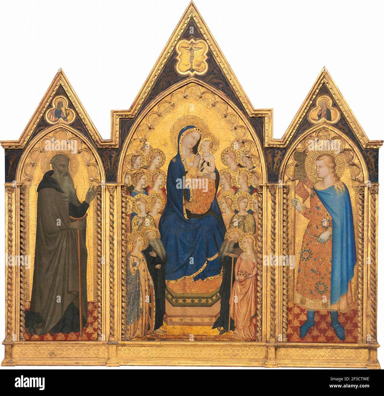 Madonna mit Kind thront mit Heiligen und Engeln, und die Heiligen Antonius Abt und Venantius [gesamtes Triptychon], 1354. Stockfoto