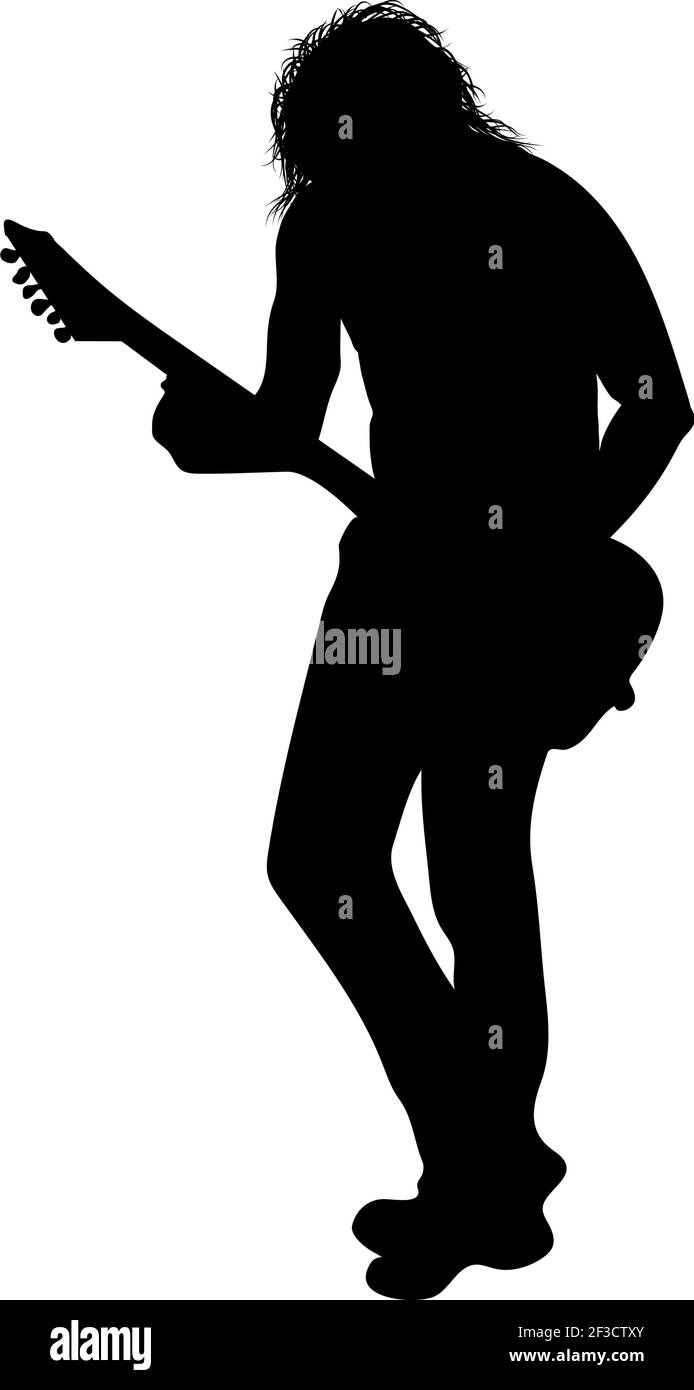 Rockgitarrist Silhouette. Schwarzes Farbdesign Feiner Und Sauberer Pfad. Sehr Glatte Und Hoch Detaillierte Rock Guitarist Silhouette. Vektorgrafik. Stock Vektor