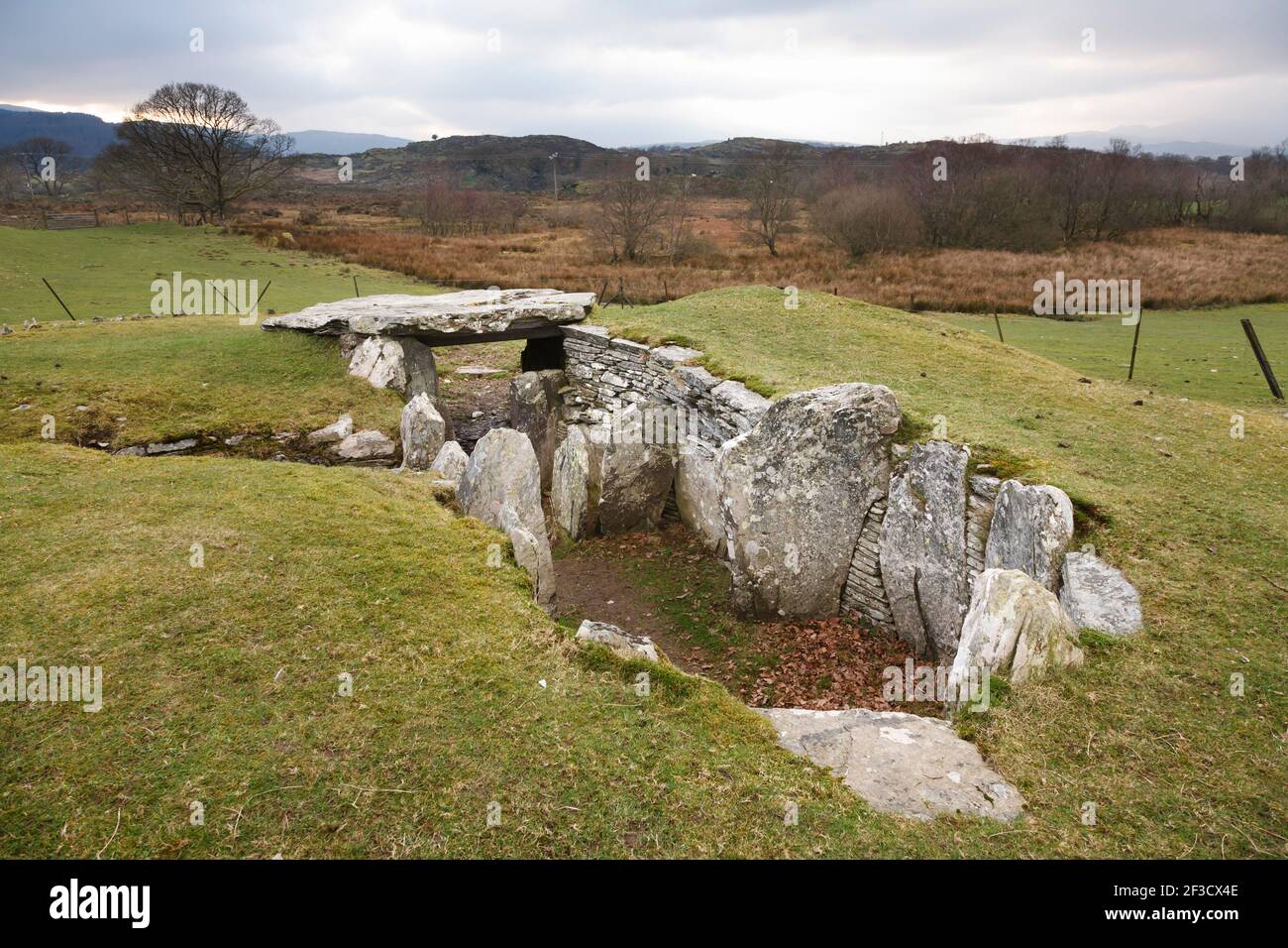 Capel Garmon Burial Chamber, Fundort eines prähistorischen Chambered Long Cairn in der Nähe von Betws-y-Coed, Wales, Großbritannien Stockfoto