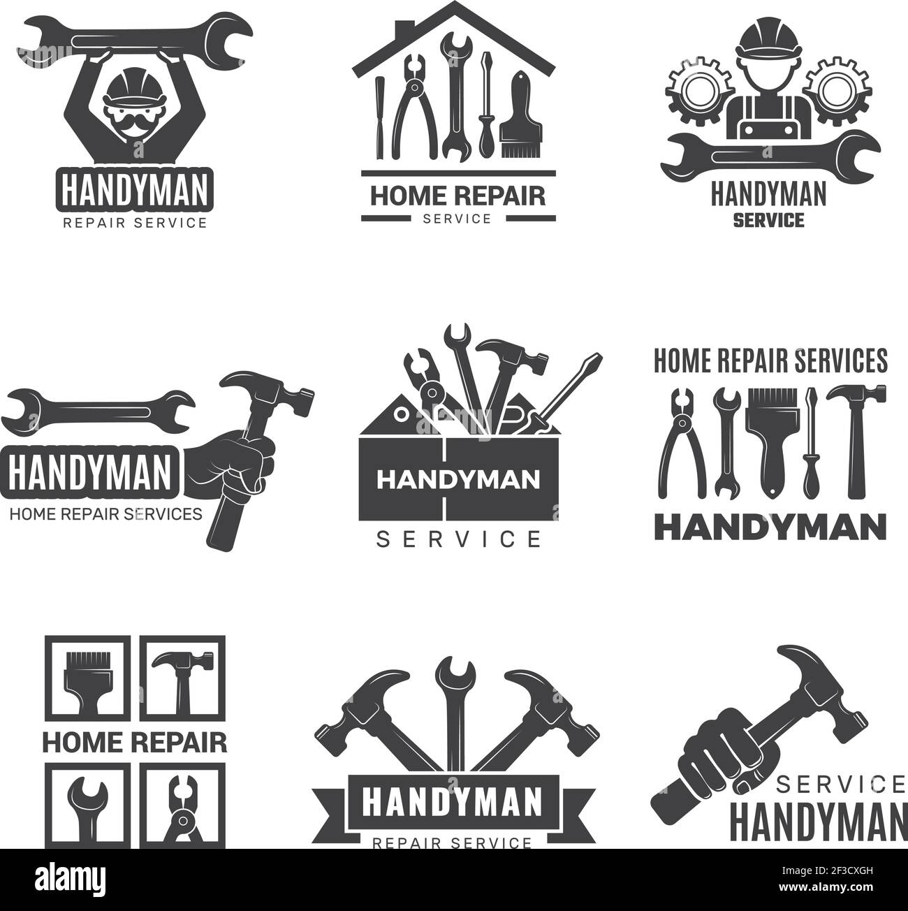 Handyman-Logo. Arbeiter mit Ausrüstung Wartung Abzeichen Schraubendreher Hand Auftragnehmer man Vektor-Symbole Stock Vektor