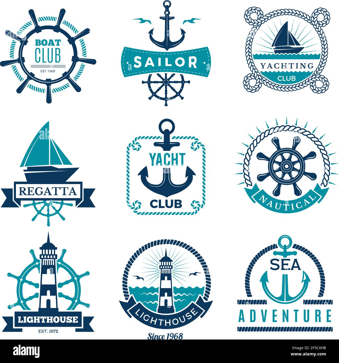 Marine-Etiketten. Nautisches Logo Segelboote Seil und marine Knoten gerahmte Vektor-Abzeichen Stock Vektor