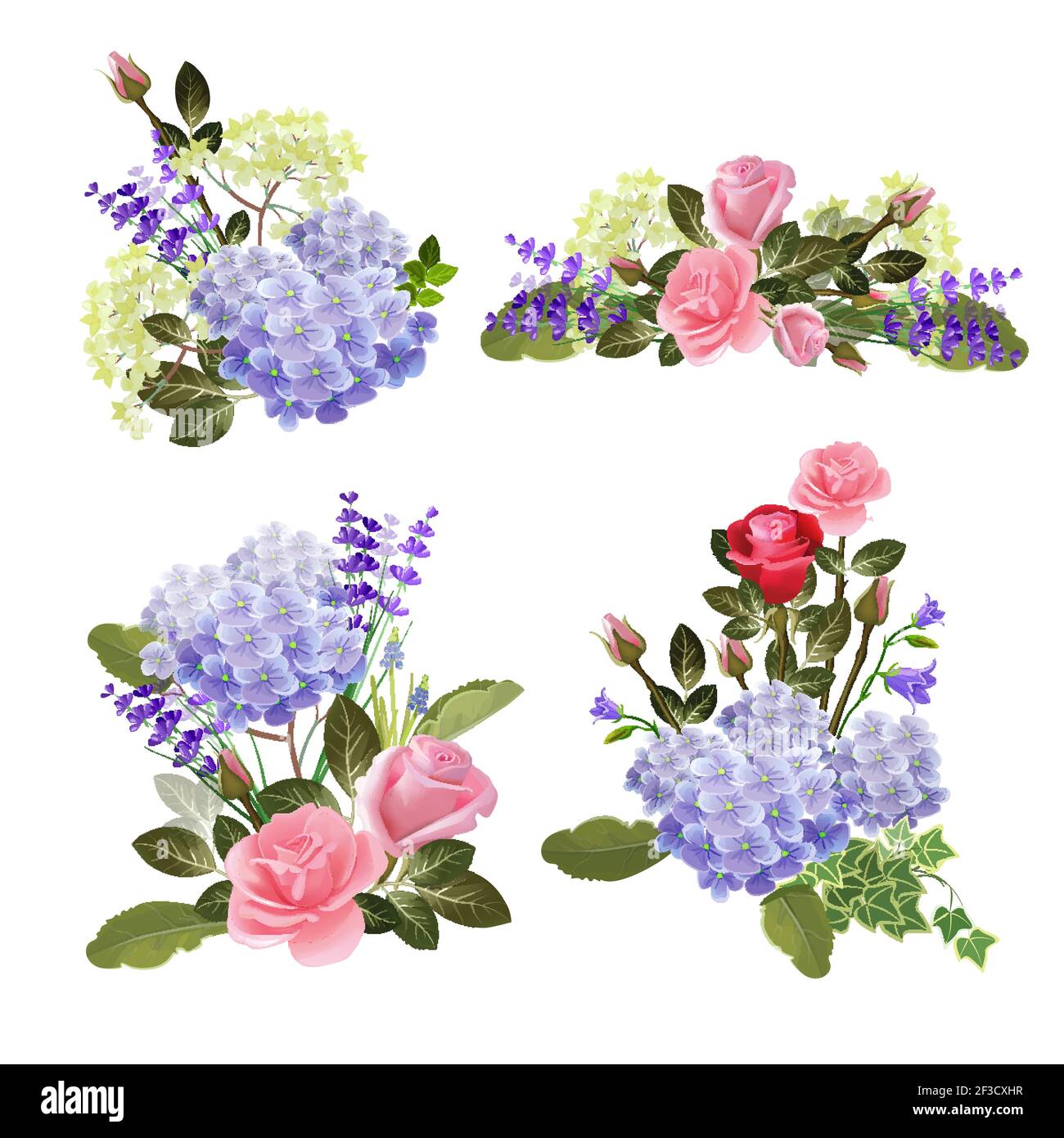 Blumenkollektion. Kräuter Natur schöne Blumensträuße stieg Vektor Cartoon Bilder Stock Vektor