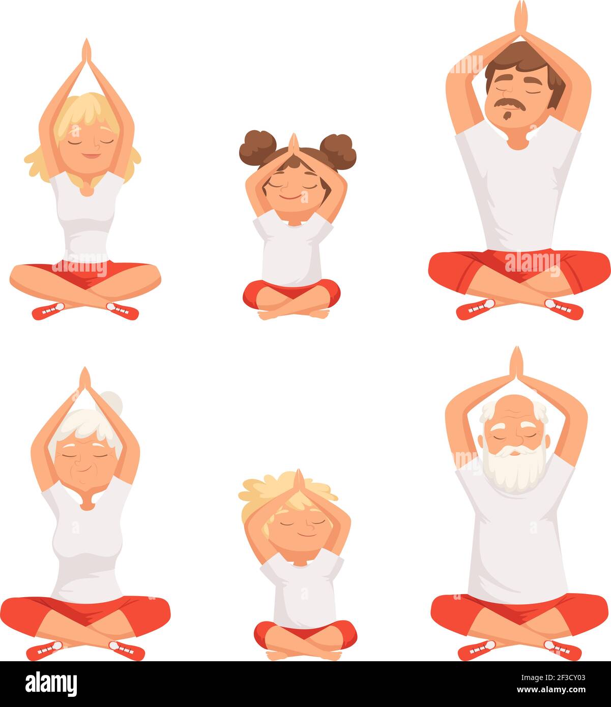 Yoga-Familie. Eltern und Kinder machen Übungen von Yoga und Meditation posieren buddhismus ältere männliche und weibliche Vektor-Bilder Stock Vektor