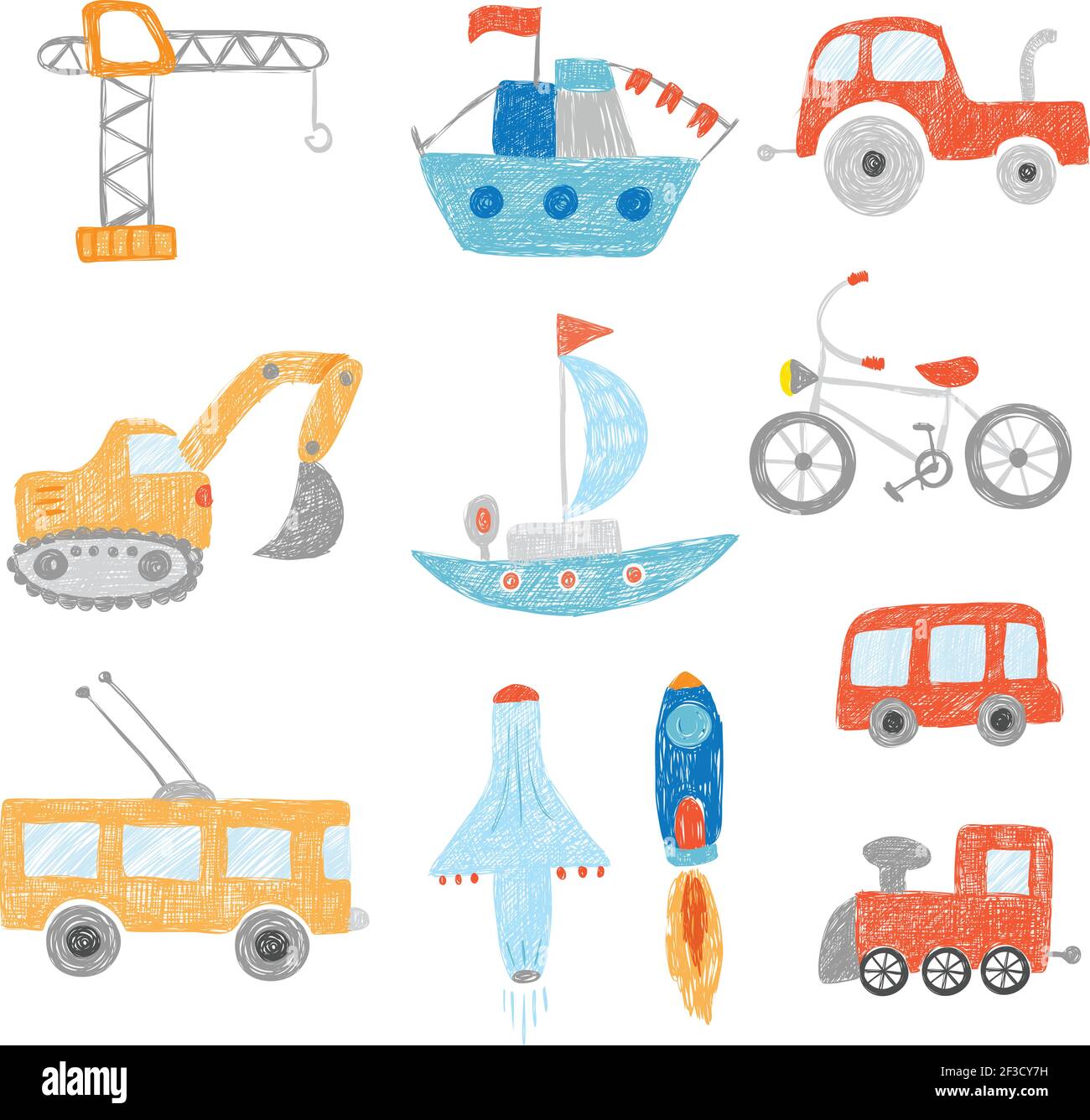 Kinderzeichnung. Kinder Malerei Transport Autos Traktoren Schiff Flugzeug Spielzeug Doodle Vektor Hand gezeichnet Sammlung Stock Vektor