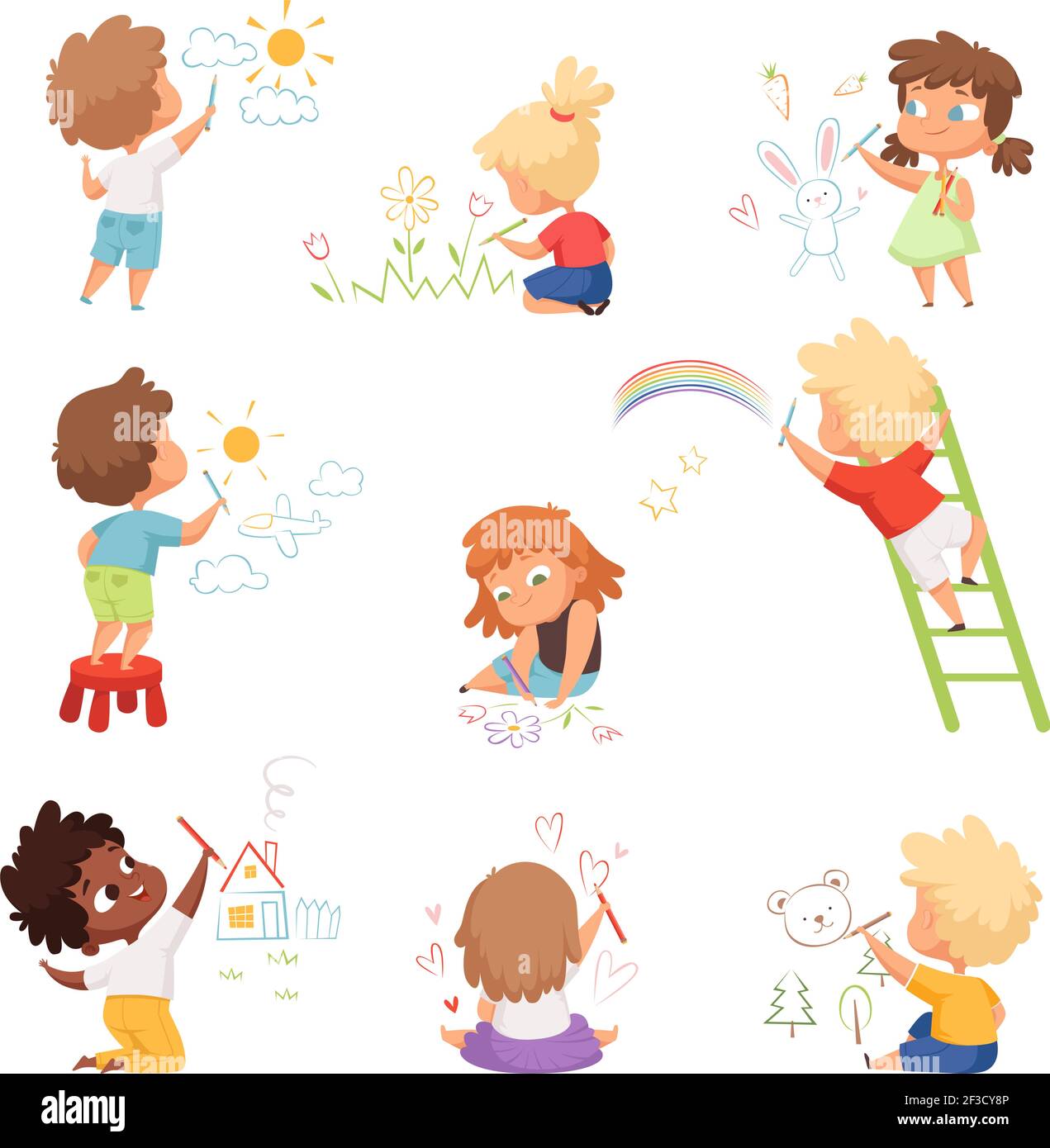 Kinderkünstler. Kinder spielen und malen mit farbigen Buntstifte auf Papier Vektor lustige niedliche Zeichen Stock Vektor