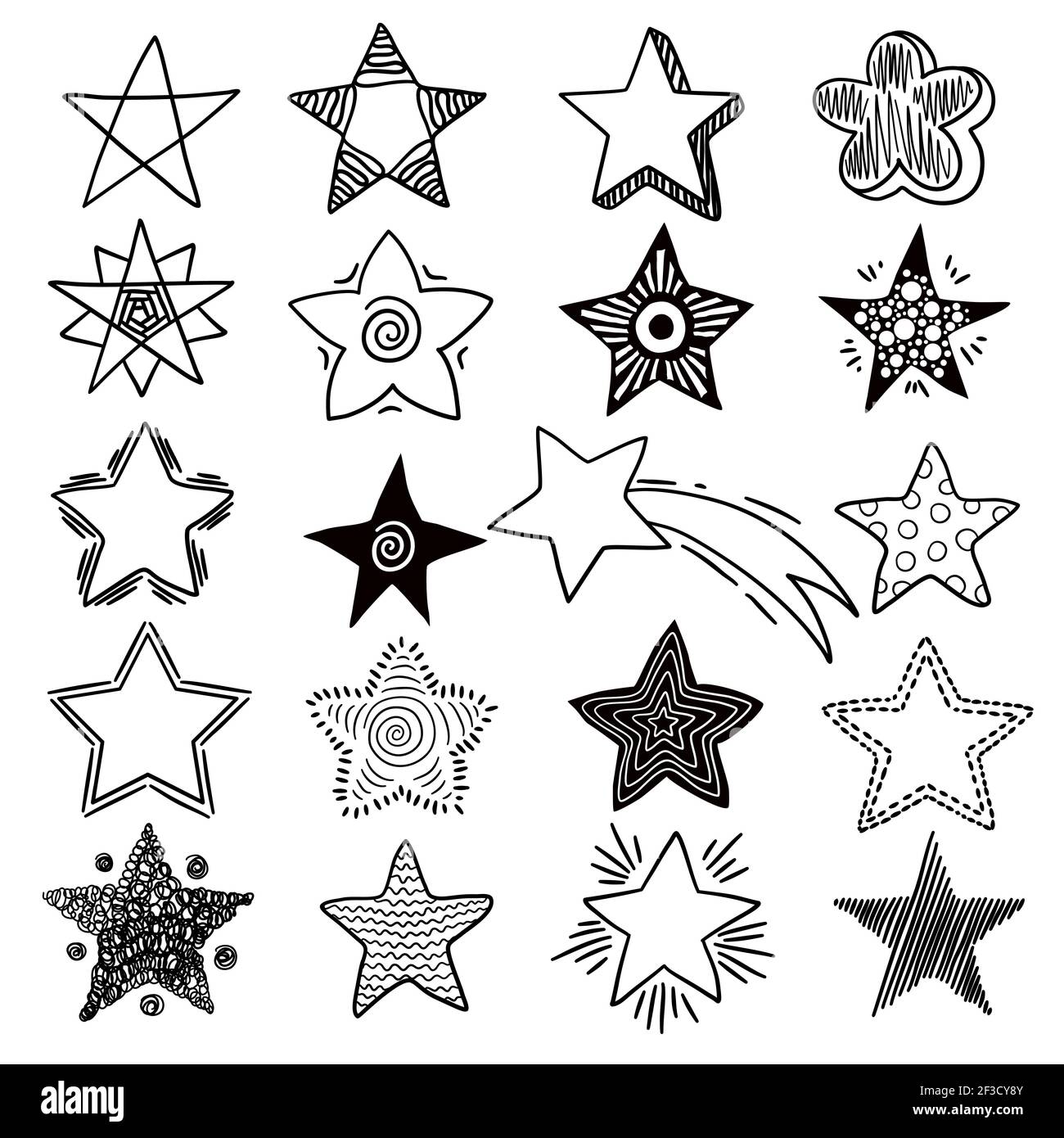 Stars Doodle. Feier glücklich Beleuchtung Symbole Kosmos Formen Raum Skizzen handgezeichnete Vektor-Sammlung Stock Vektor