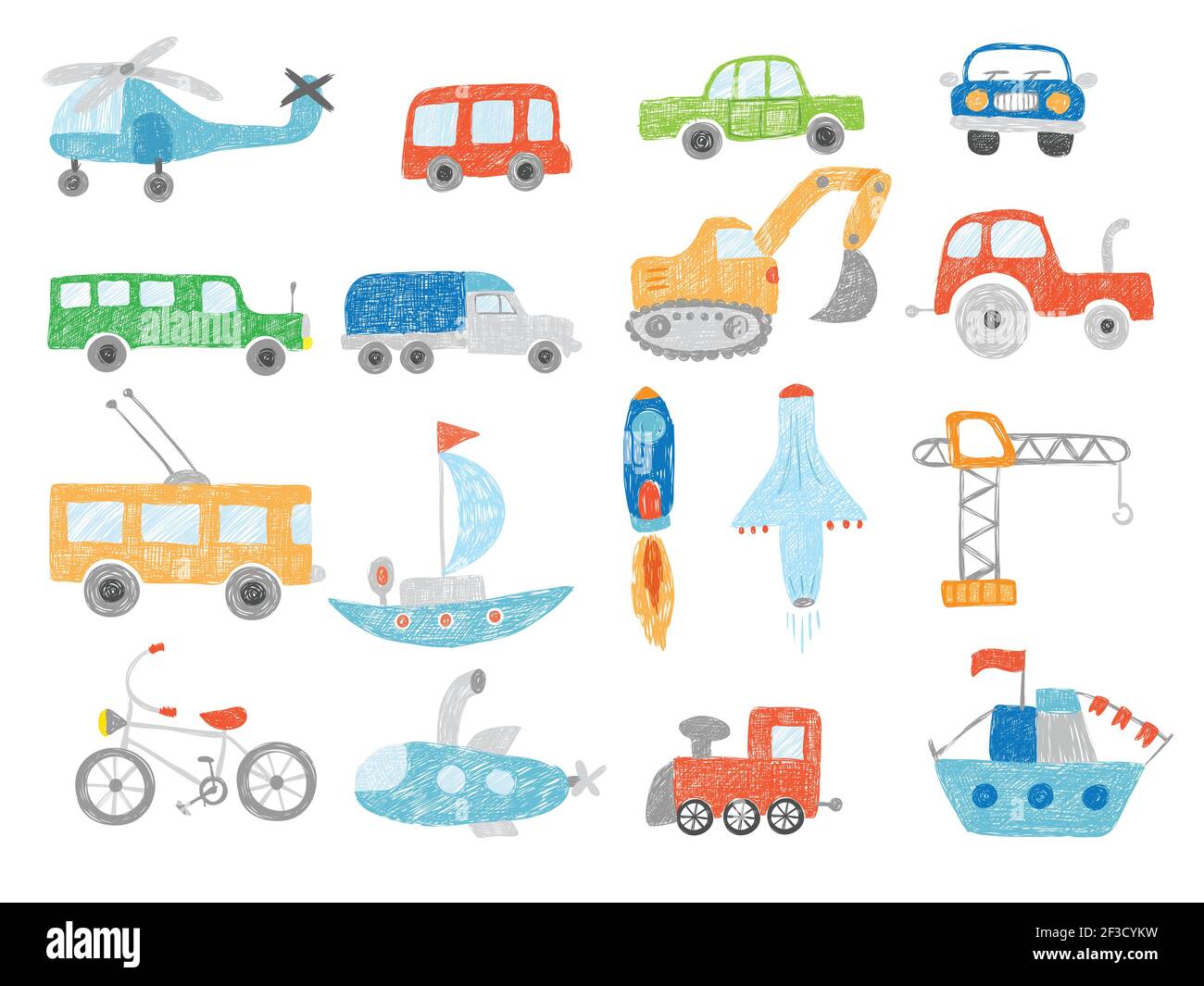 Transportkritzel. Kinder Zeichnung Technik Traktor Autos Flugzeug und Schiff Vektor Bilder isoliert Stock Vektor