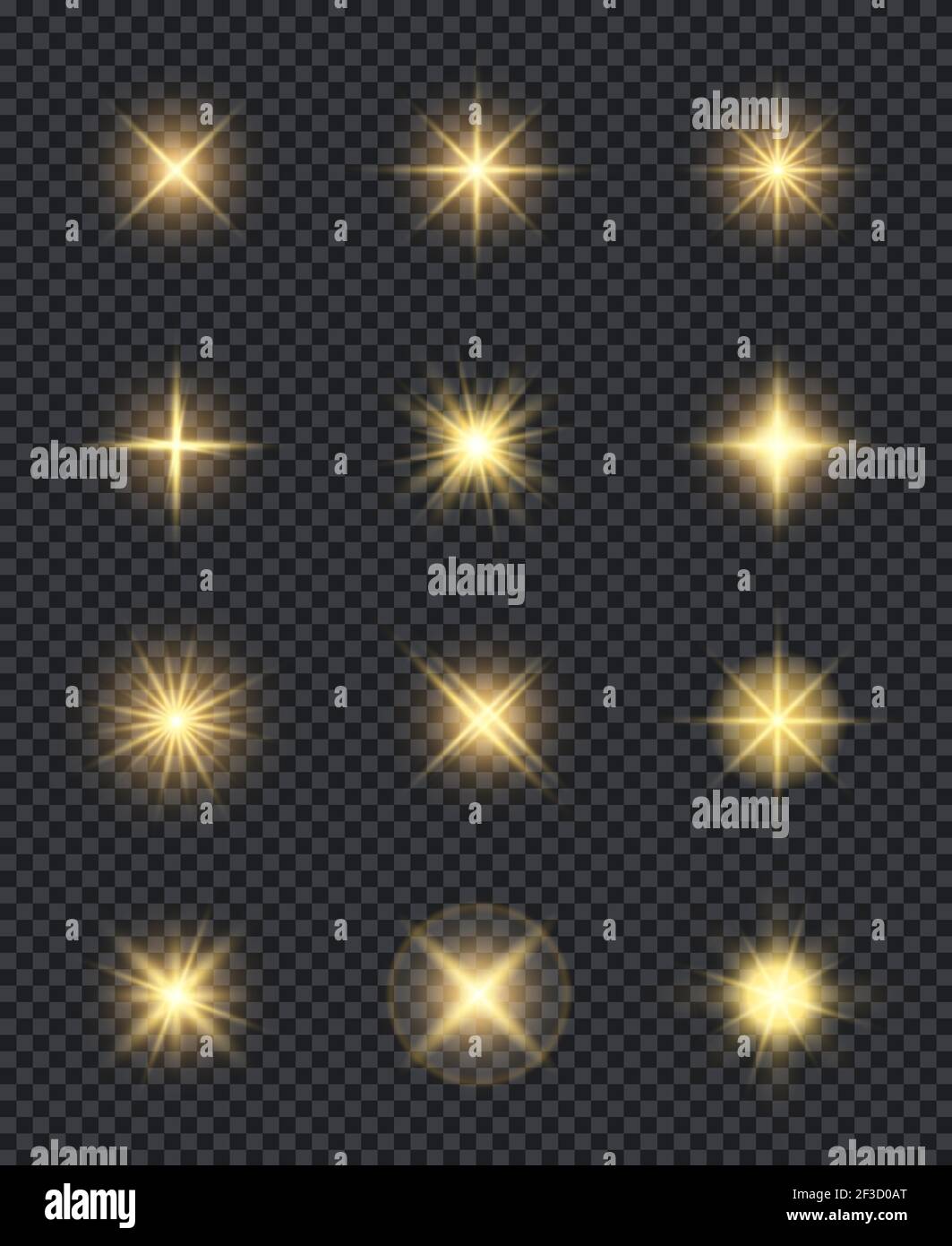Leuchtende Sterne. Realistische Beleuchtung glänzende Effekte Funken Feier Vektor-Symbole Stock-Vektorgrafik