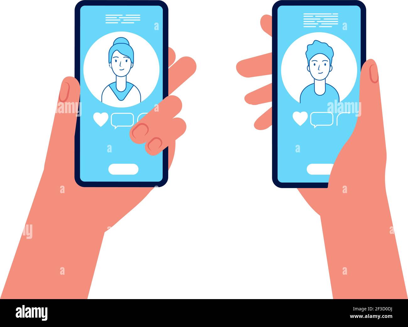 Online-Dating. Mann und Frau halten Smartphones und sehen auf dem Bildschirm Anzeige männliche und weibliche Avatare Vektor-Konzept Stock Vektor