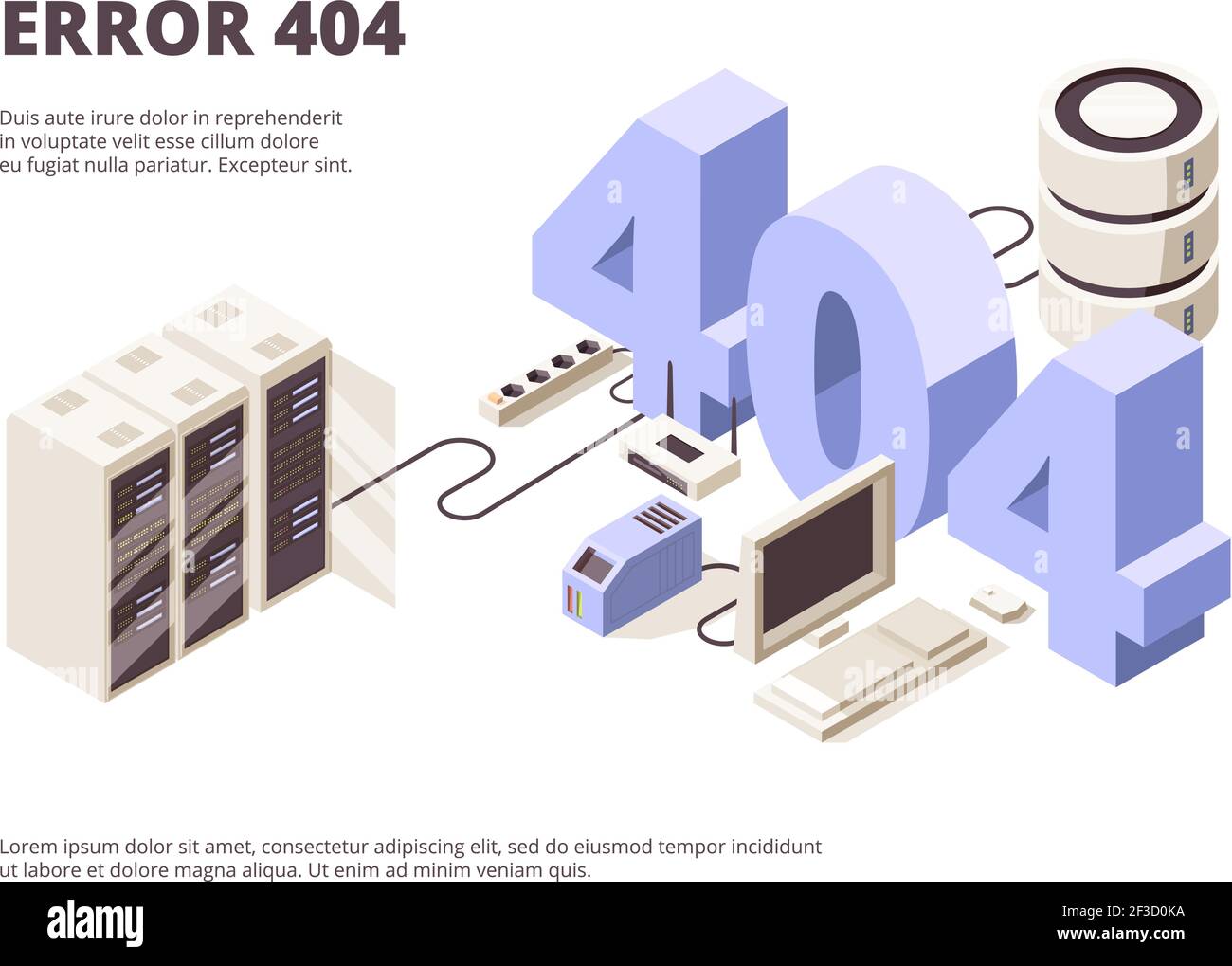 404 Seite. Web-Technologie Fehler Hosting-Probleme Computer-Server fallen Vektor Landing Layout isometrisch Stock Vektor