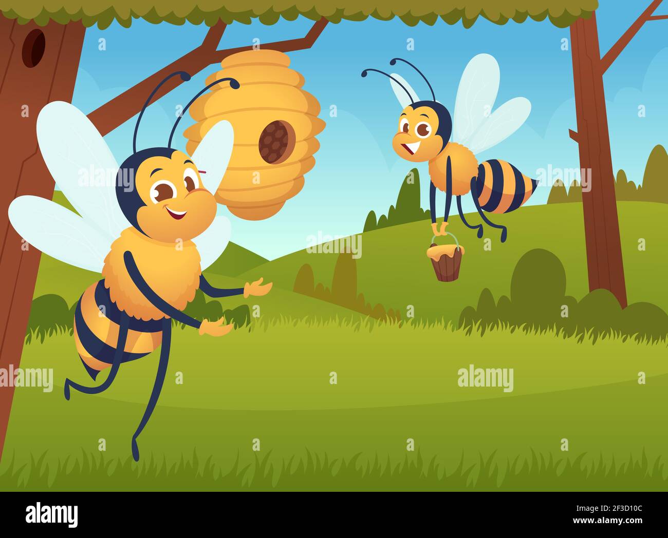 Cartoon Biene Hintergrund. Fliegende Blumen gelbe Insekten Bienenstock Wabe Bienenvolk Vektor Biene Zeichen arbeiten Stock Vektor