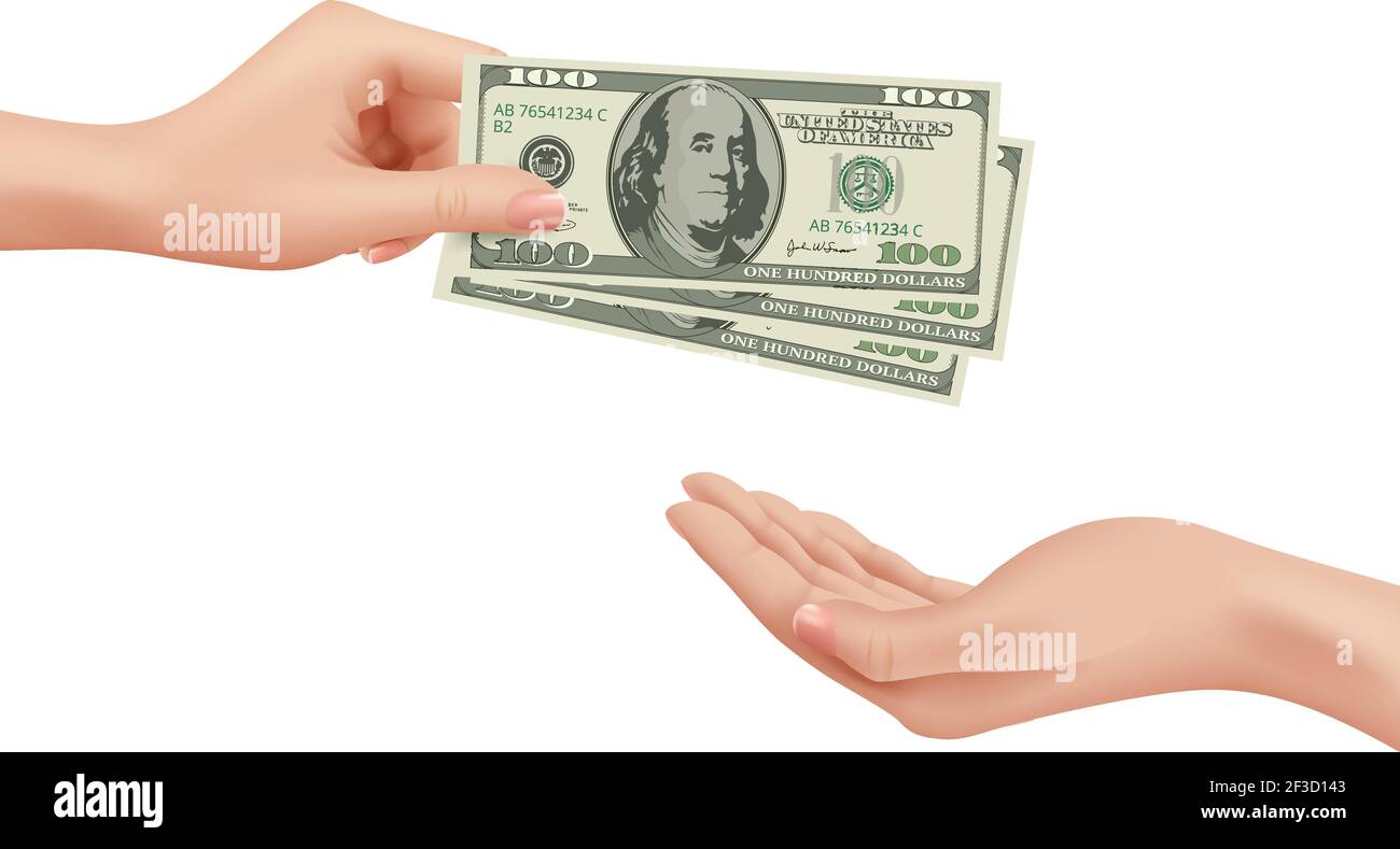 Geben Sie Geld. Business Woman nehmen Dollar kaufen Machen Sie einen Deal Zahlung Einzahlung ändern Cash-Vektor realistische Konzept Stock Vektor