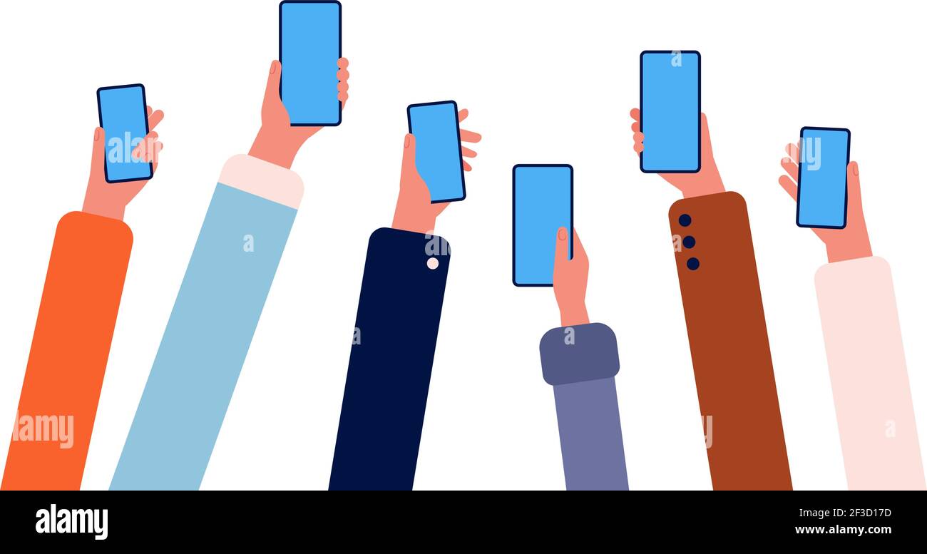 Hände mit Telefonen. Viele Menschen halten Smartphones in den Händen Menge mit Gadgets Internet-Verbindung online Freundschaft Vektor Stock Vektor