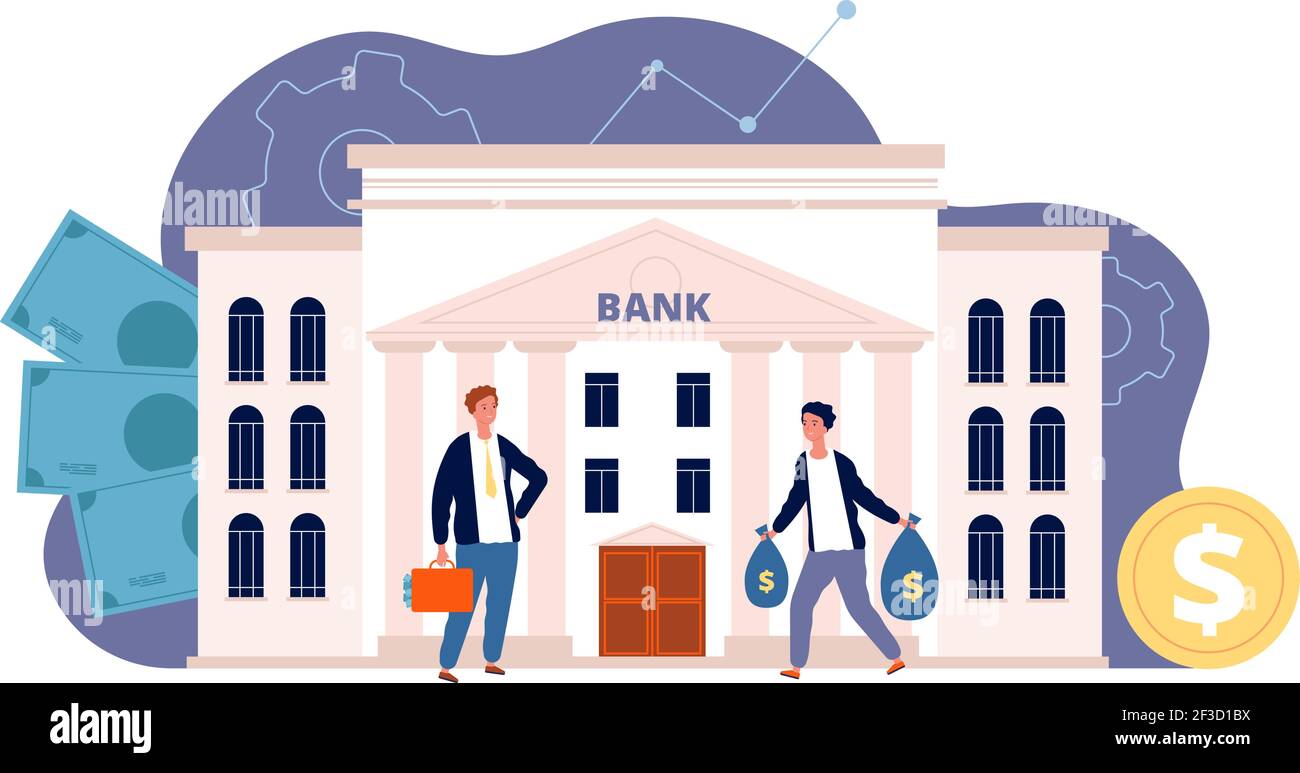 Bank mit Zeichen. Business Finance Gebäude und Menschen investieren ihre Geld Bank Fassade Vektor flache Bild Stock Vektor