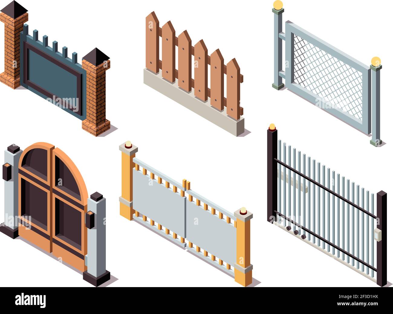 Isometrische Zäune. Wohnhauselemente sichern Barrieren Metall und Holzzäune Türen Schutzplatten Vektor Stock Vektor