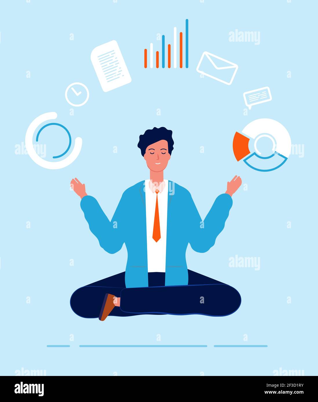 Multitasking-Manager. Business Person Lotus Pose Yoga sitzen verschiedene dringende Aufgaben effektive Arbeitsprozesse Vektor Stock Vektor