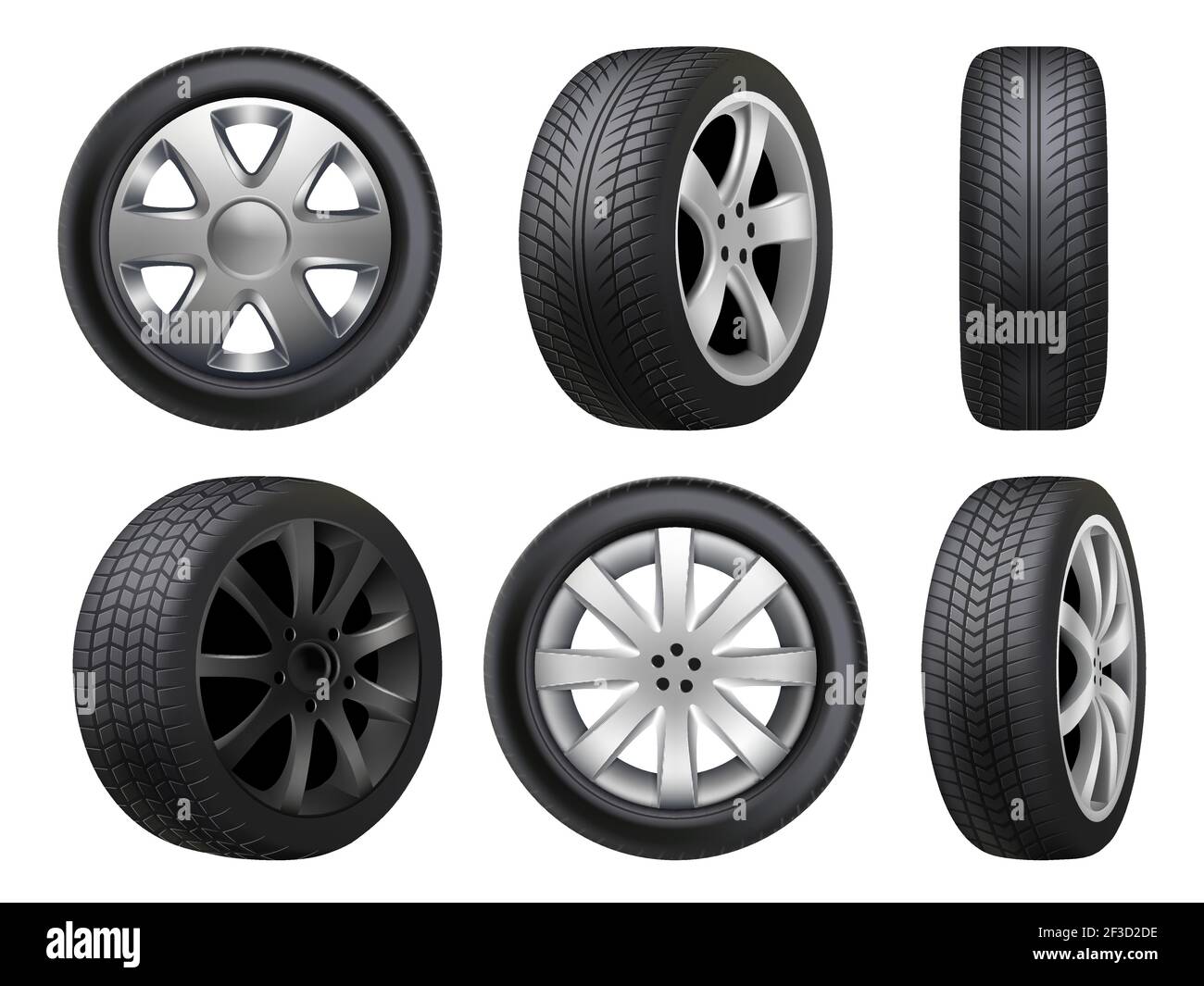 Räder realistisch. Reifen Straßenpflege Vektor Automobil 3D Automobil-Artikel Sammlung Stock Vektor