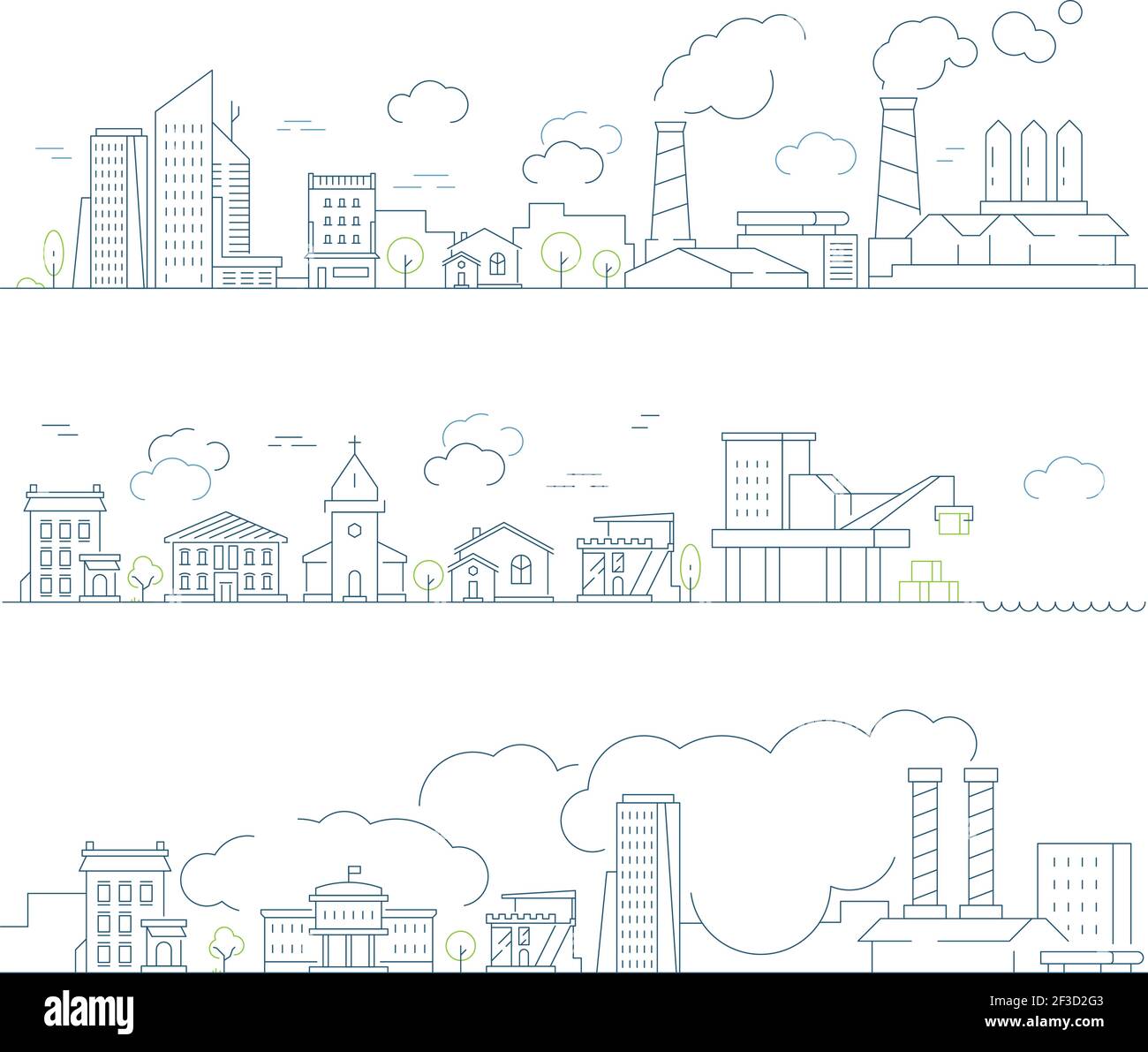 Industrielle Stadtlandschaft. Fabrik städtischen Smog Gebäude und Dampf Wolken transportieren schlechte Umwelt Vektor linearen Hintergrund Stock Vektor