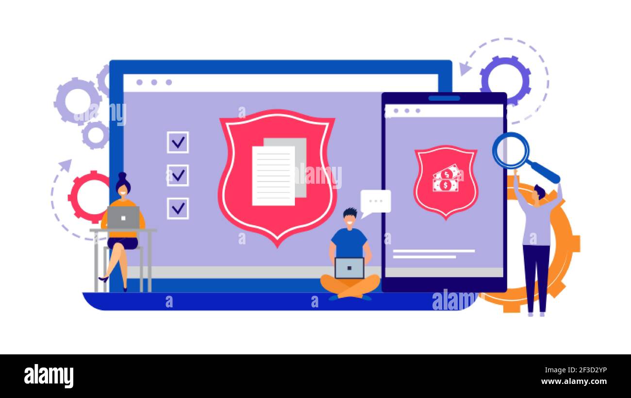 Datenschutz, Internet-Sicherheitskonzept. Abbildung: Sicherheitsvektor für Telefon, Laptop. Kleine flache Computer Schutz Software-Entwickler Stock Vektor