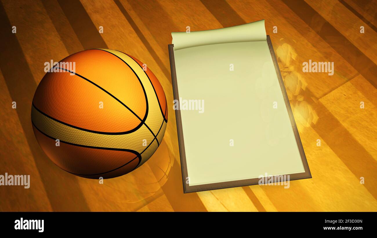 Basketball 3D Render Konzept mit einem Basketball und Trainer Notebook Auf Holzgelände Stockfoto