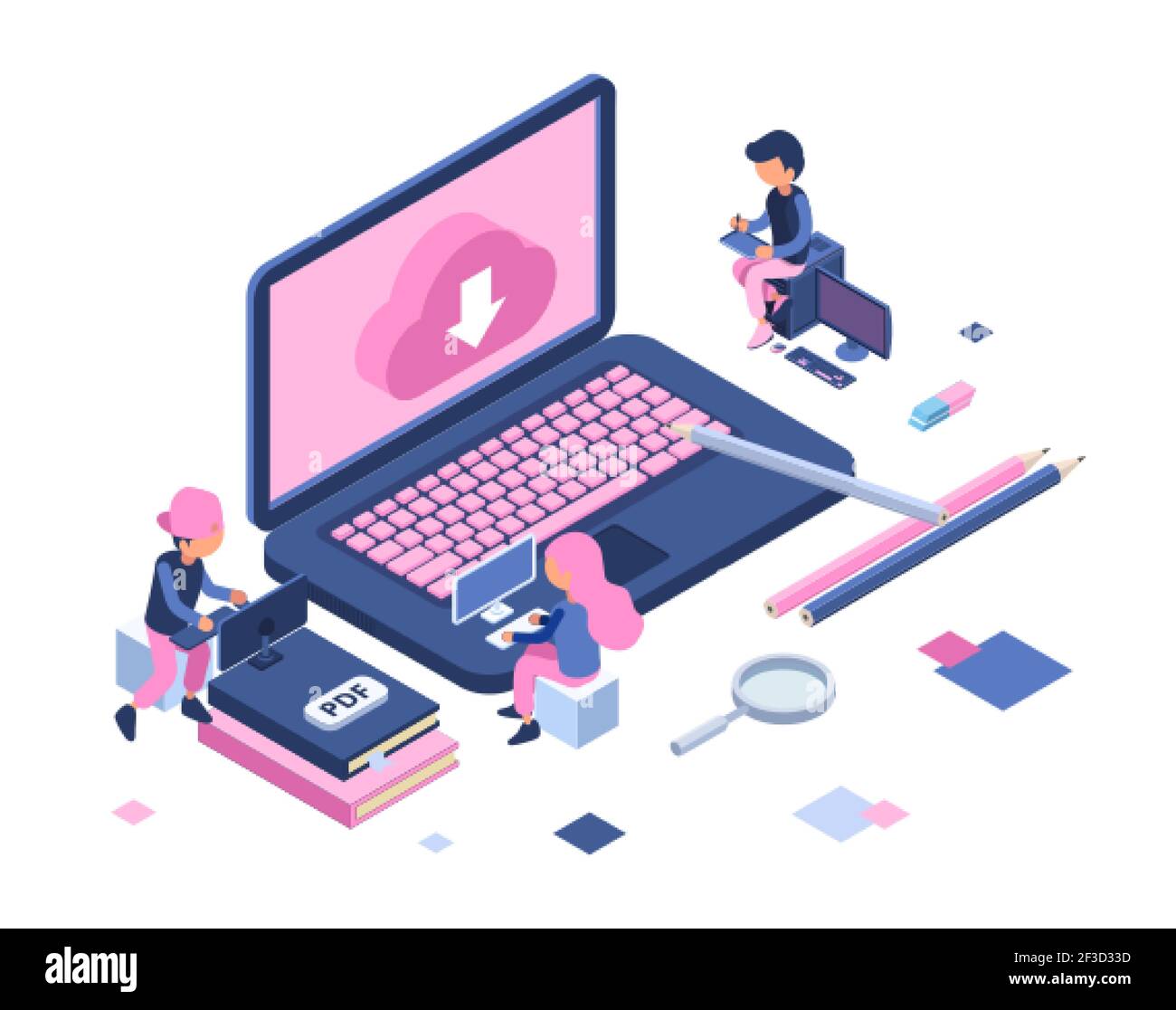 Freiberufliches Konzept. Remote-Mitarbeiter, Freiberufler isometrische Vektordarstellung. Cloud-Speicher, junge Männer und Frauen arbeiten. Designer, digitale Kunst Stock Vektor