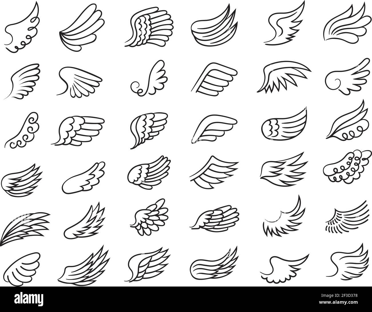 Federflügel. Freiheit Symbole fliegen Elemente ornamental Flügel der Vögel oder Engel Zeichnung Vektor-Sammlung Stock Vektor