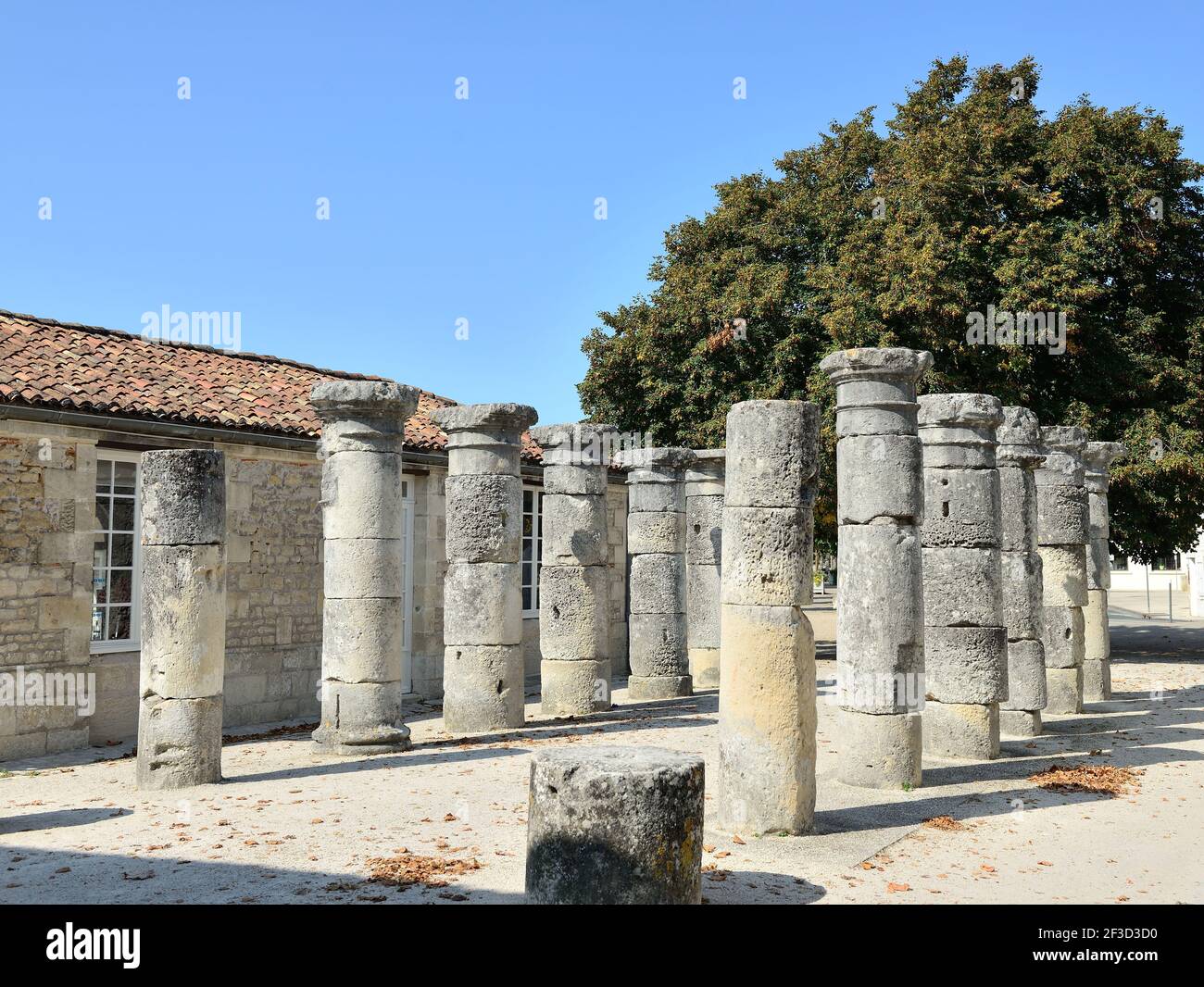 Saintes (Zentral-West-Frankreich): Römische Säulen in der Nähe des Germanikusbogens, Reste der römischen Antike, auf dem Platz „Esplanade Andre Malraux“ Stockfoto