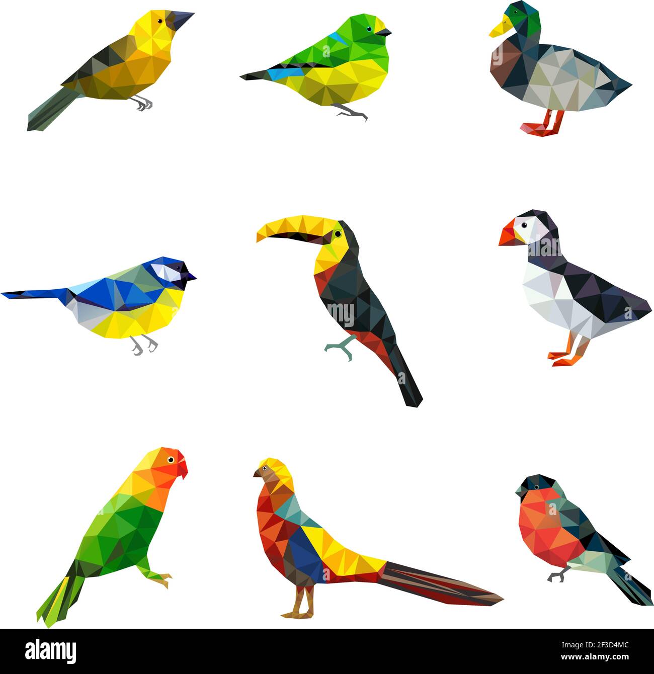 Polygonale Vögel. Dreieck abstrakte Formen Grafik fliegende Vögel Sammlung asiatische Tiere Vektor Zeichen Sammlung Stock Vektor
