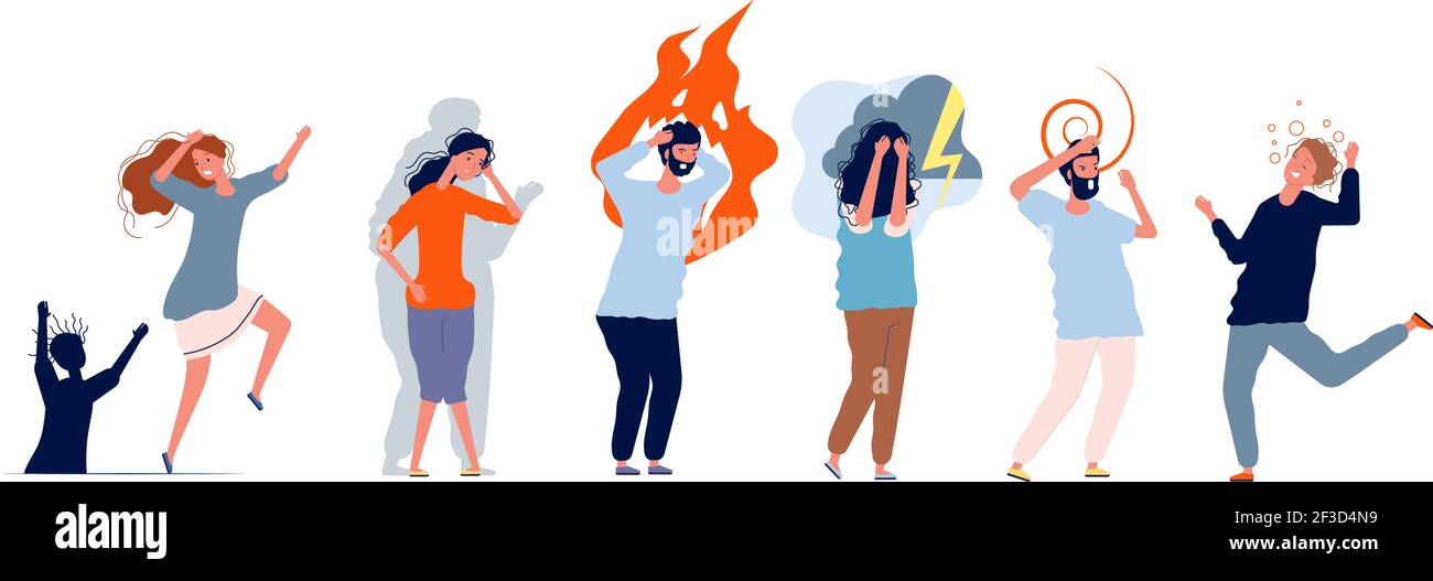 Psychische Störungen Personen. Medizinische Probleme Zeichen Stress depressive Menschen mit Angst verschiedene psychiatrische Probleme Vektor flache Zeichen Stock Vektor