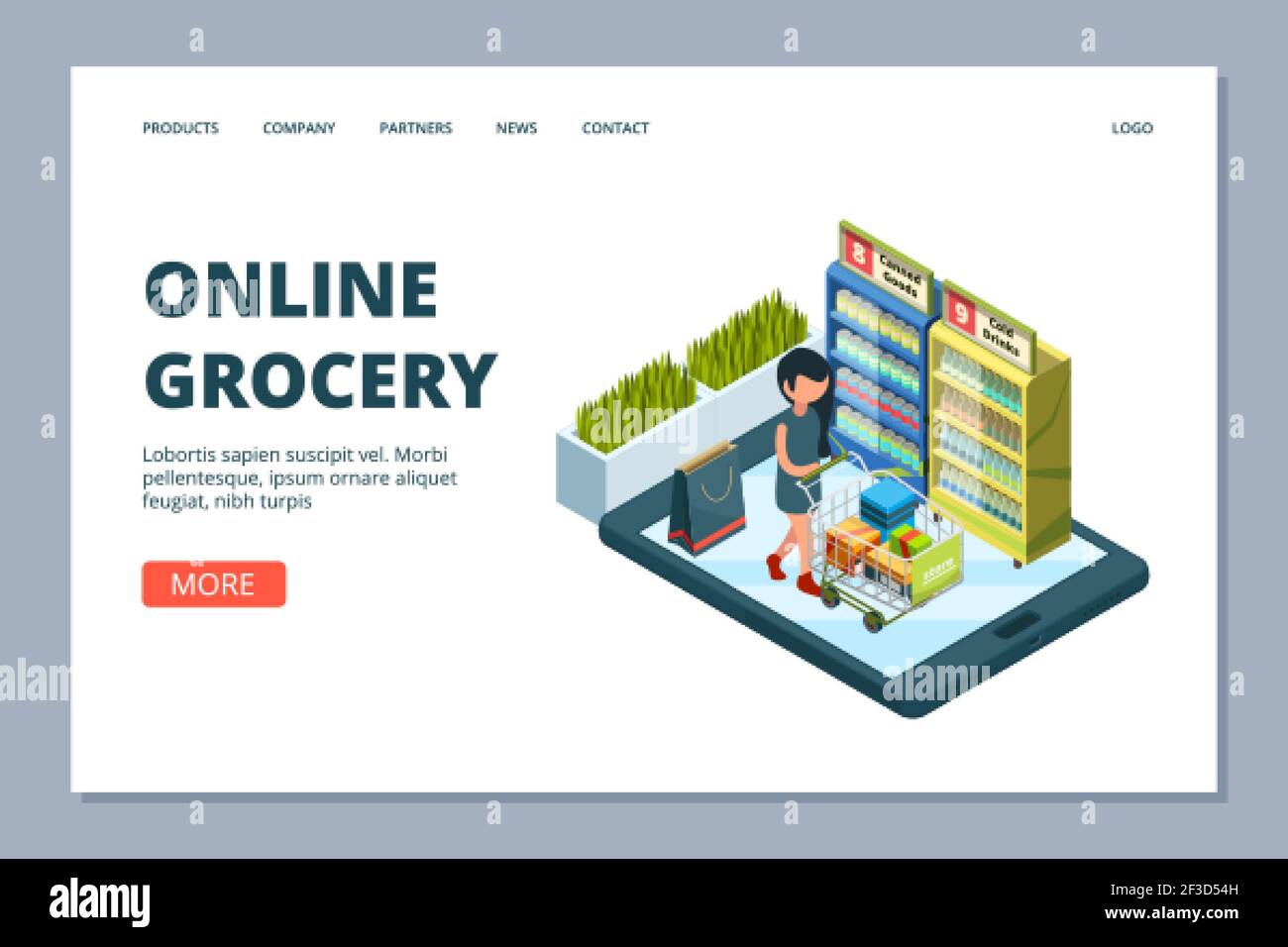 Online-Landing-Page für Lebensmittel. Vektor isometrische Frau mit Warenkorb. 3D Online-Lebensmittelgeschäft Konzept Stock Vektor